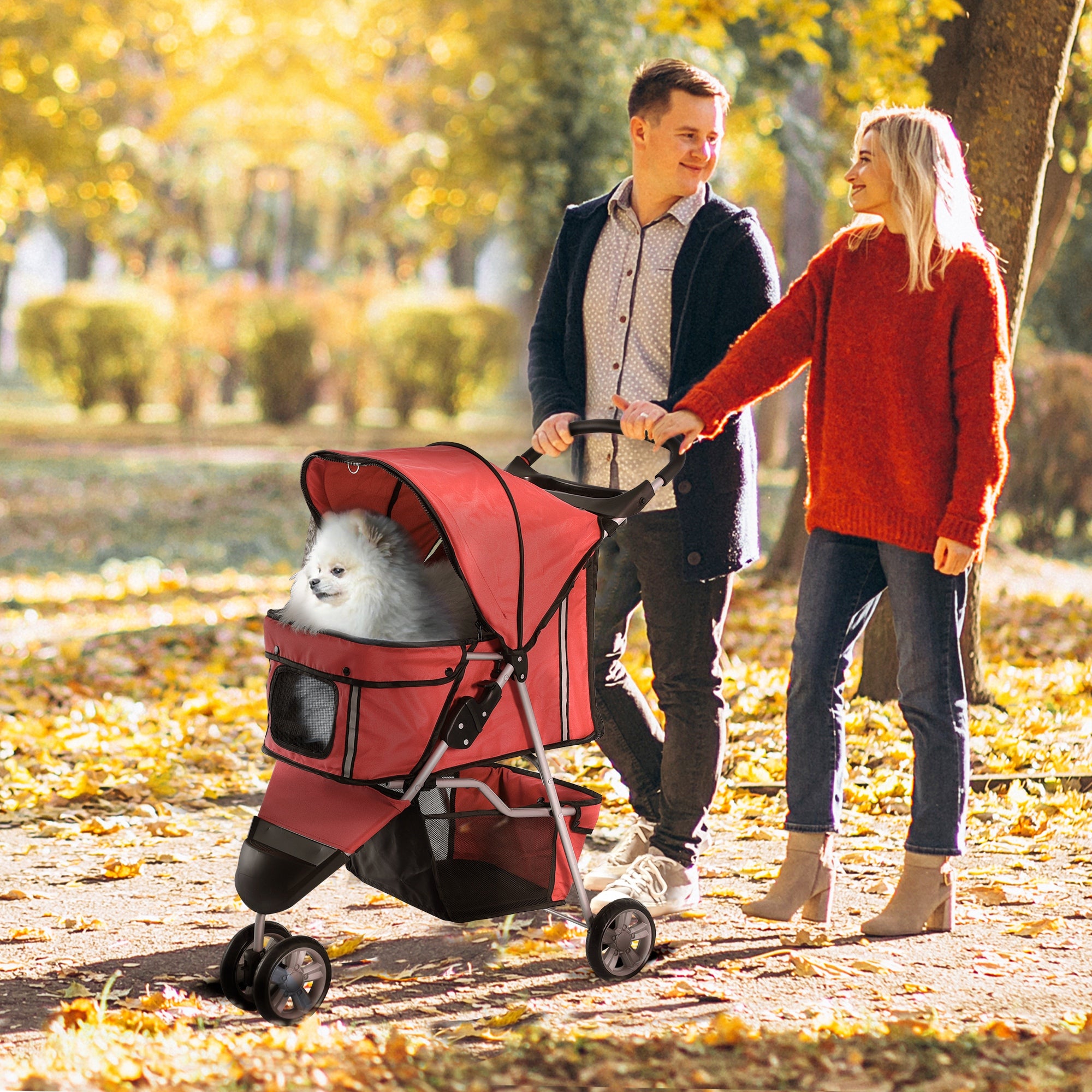 PawHut Dog Stroller, 3 Wheels Foldable Cat Dog Pram with Cup Holder, Storage Basket, Pet Stroller for Small Miniature Dogs, Red