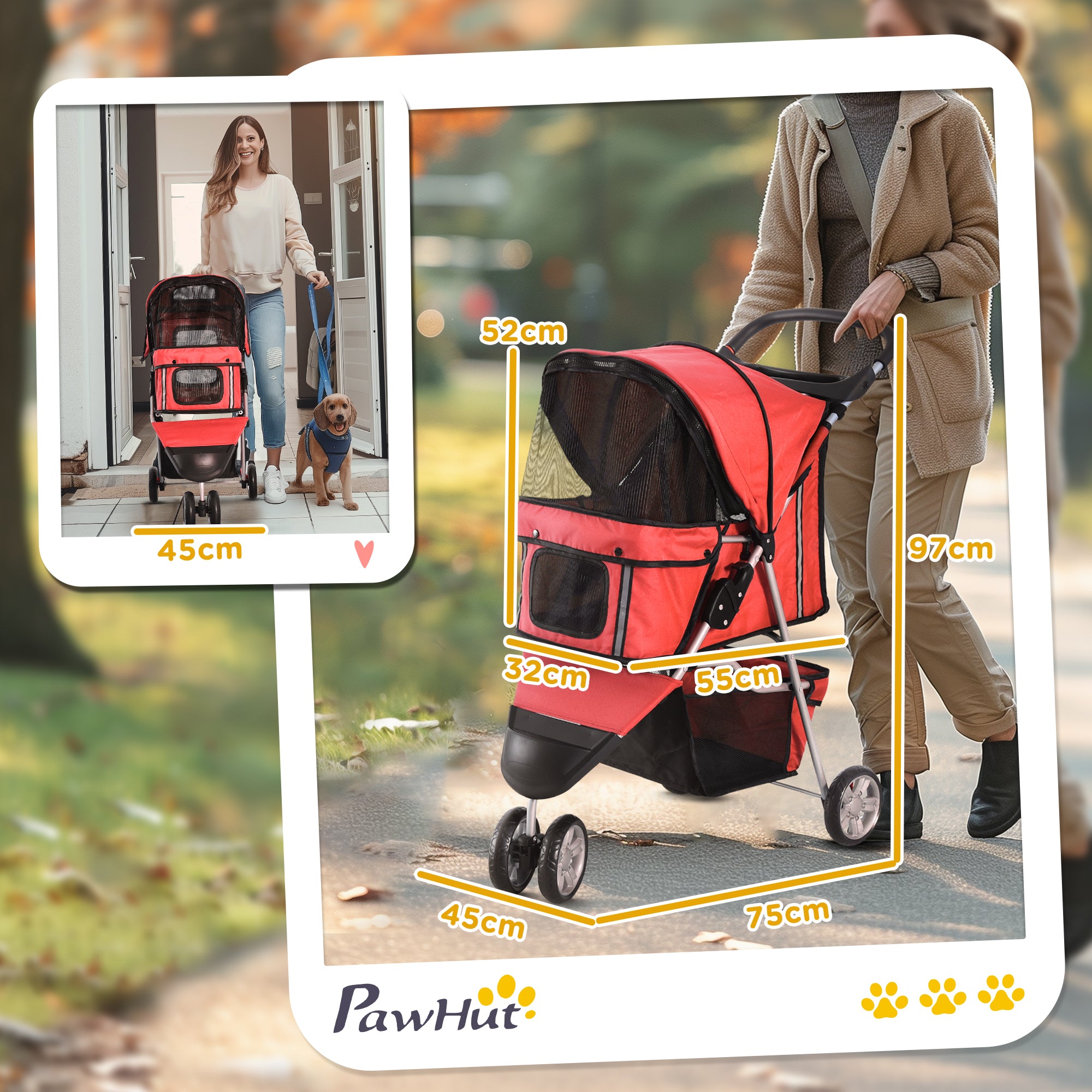 PawHut Dog Stroller, 3 Wheels Foldable Cat Dog Pram with Cup Holder, Storage Basket, Pet Stroller for Small Miniature Dogs, Red