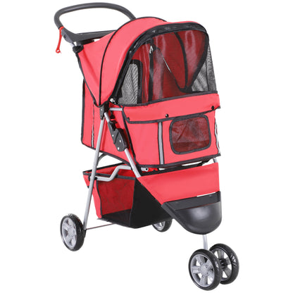 PawHut Dog Stroller, 3 Wheels Foldable Cat Dog Pram with Cup Holder, Storage Basket, Pet Stroller for Small Miniature Dogs, Red