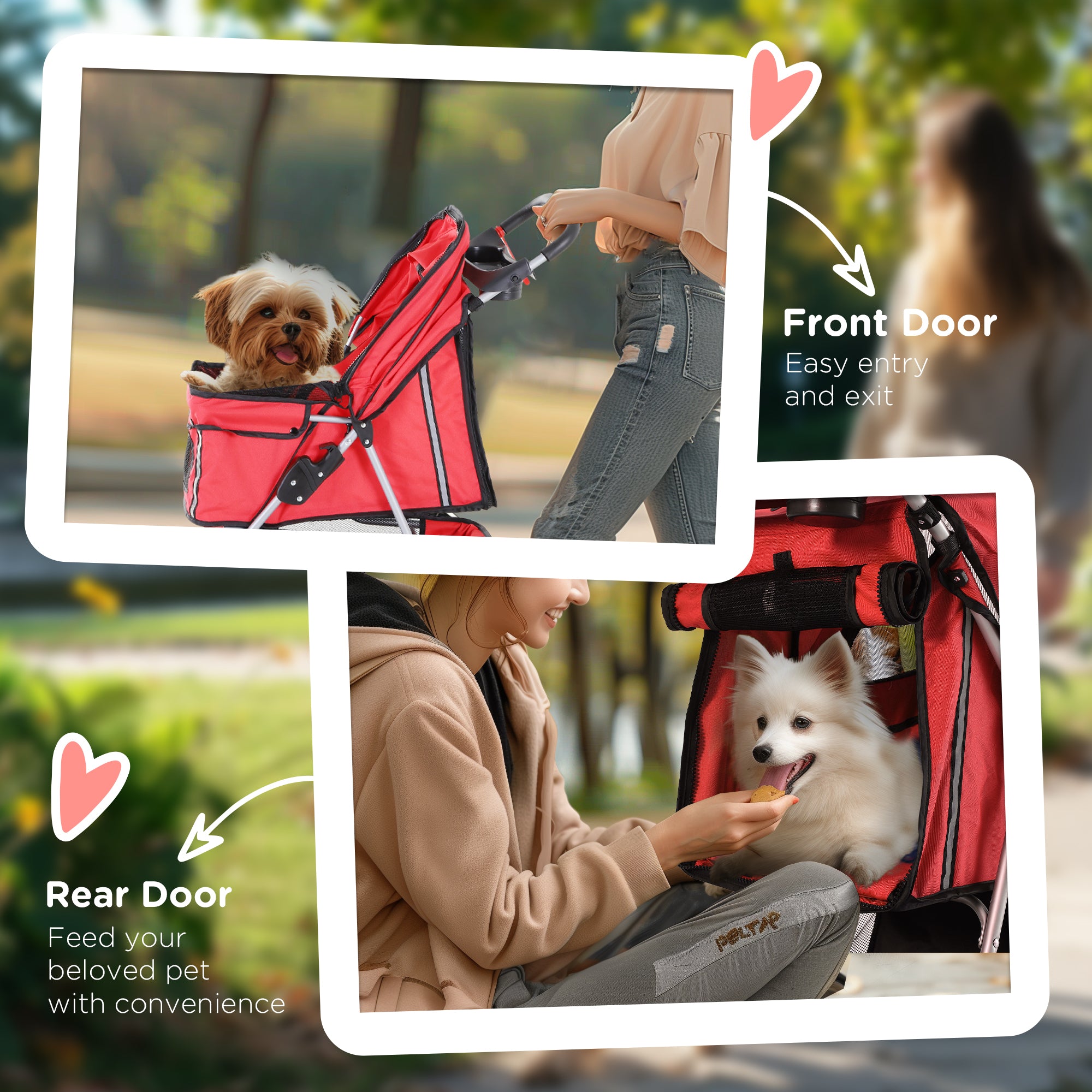 PawHut Dog Stroller, 3 Wheels Foldable Cat Dog Pram with Cup Holder, Storage Basket, Pet Stroller for Small Miniature Dogs, Red