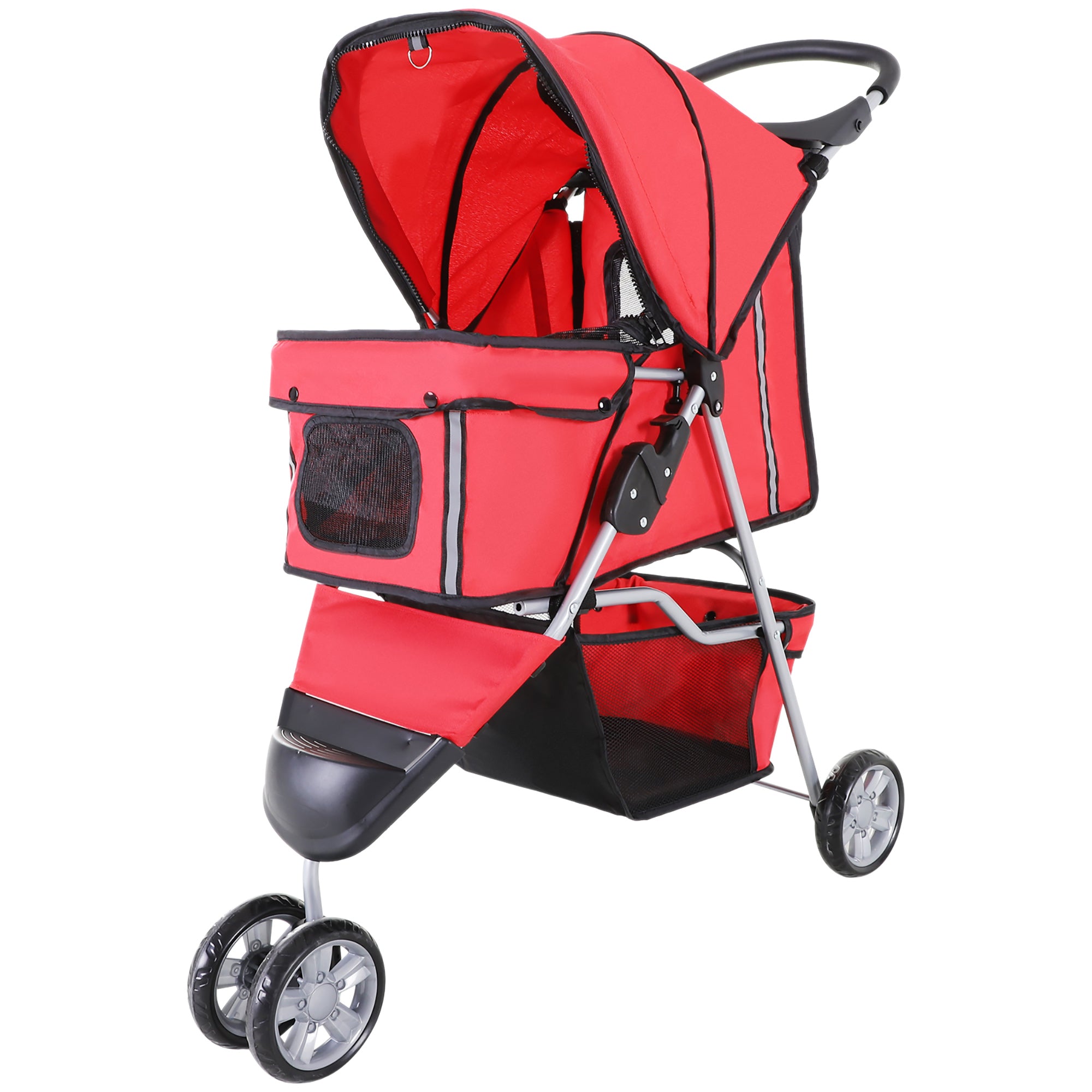 PawHut Dog Stroller, 3 Wheels Foldable Cat Dog Pram with Cup Holder, Storage Basket, Pet Stroller for Small Miniature Dogs, Red
