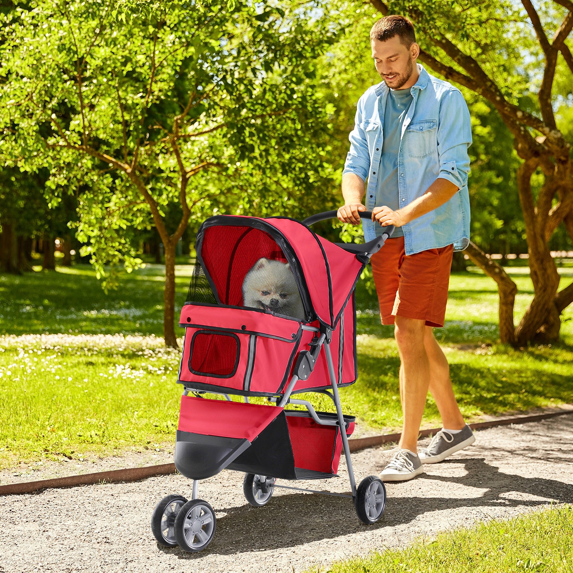 PawHut Dog Stroller, 3 Wheels Foldable Cat Dog Pram with Cup Holder, Storage Basket, Pet Stroller for Small Miniature Dogs, Red
