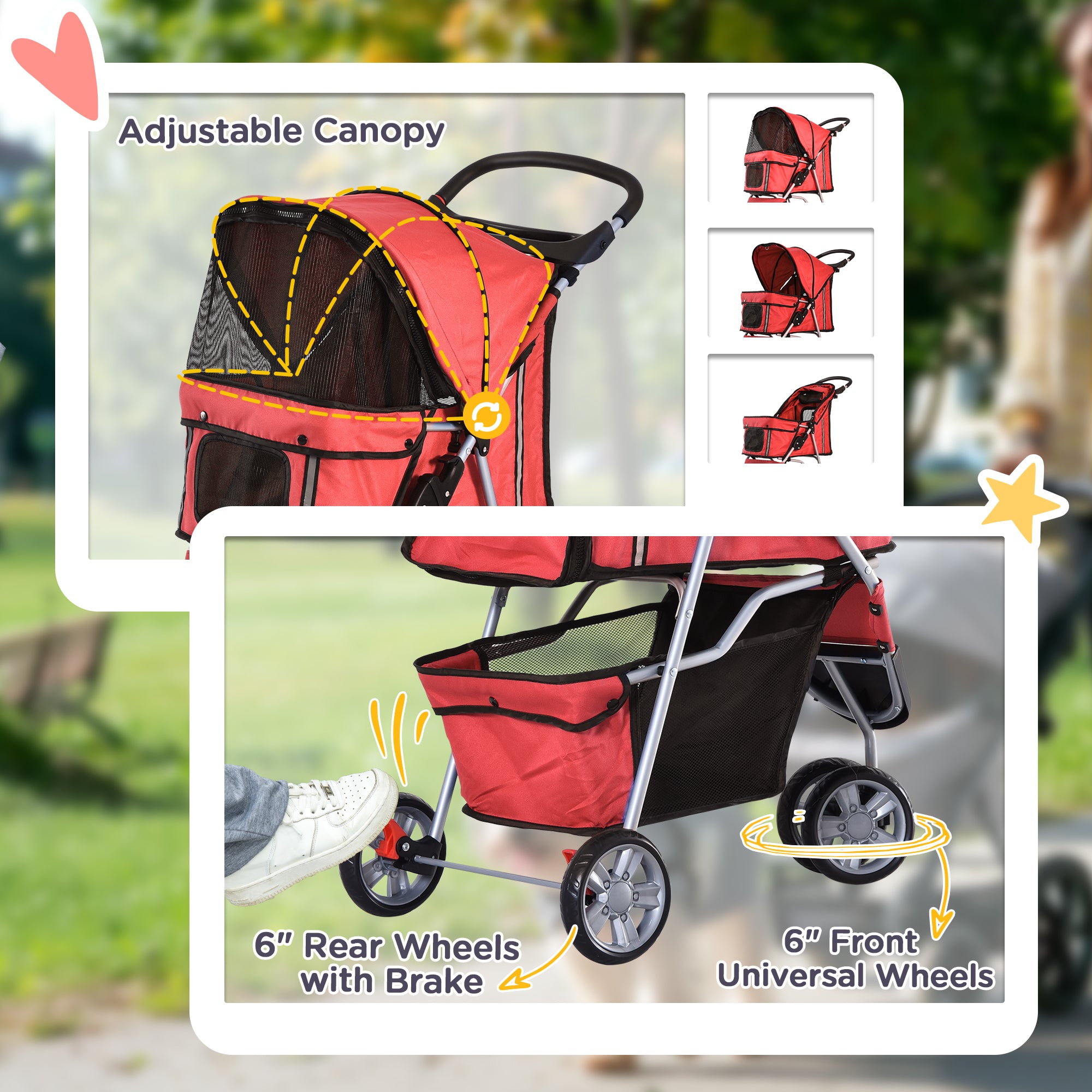 PawHut Dog Stroller, 3 Wheels Foldable Cat Dog Pram with Cup Holder, Storage Basket, Pet Stroller for Small Miniature Dogs, Red