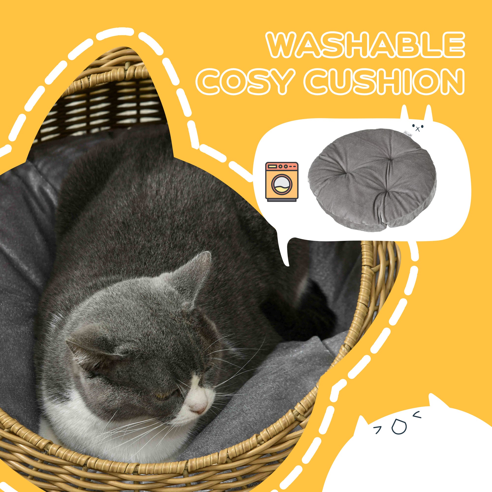 PawHut Wicker Cat House, Rattan Cat Bed Kitten Basket with Washable Cushion for Indoor Cats and Puppies, Light Brown