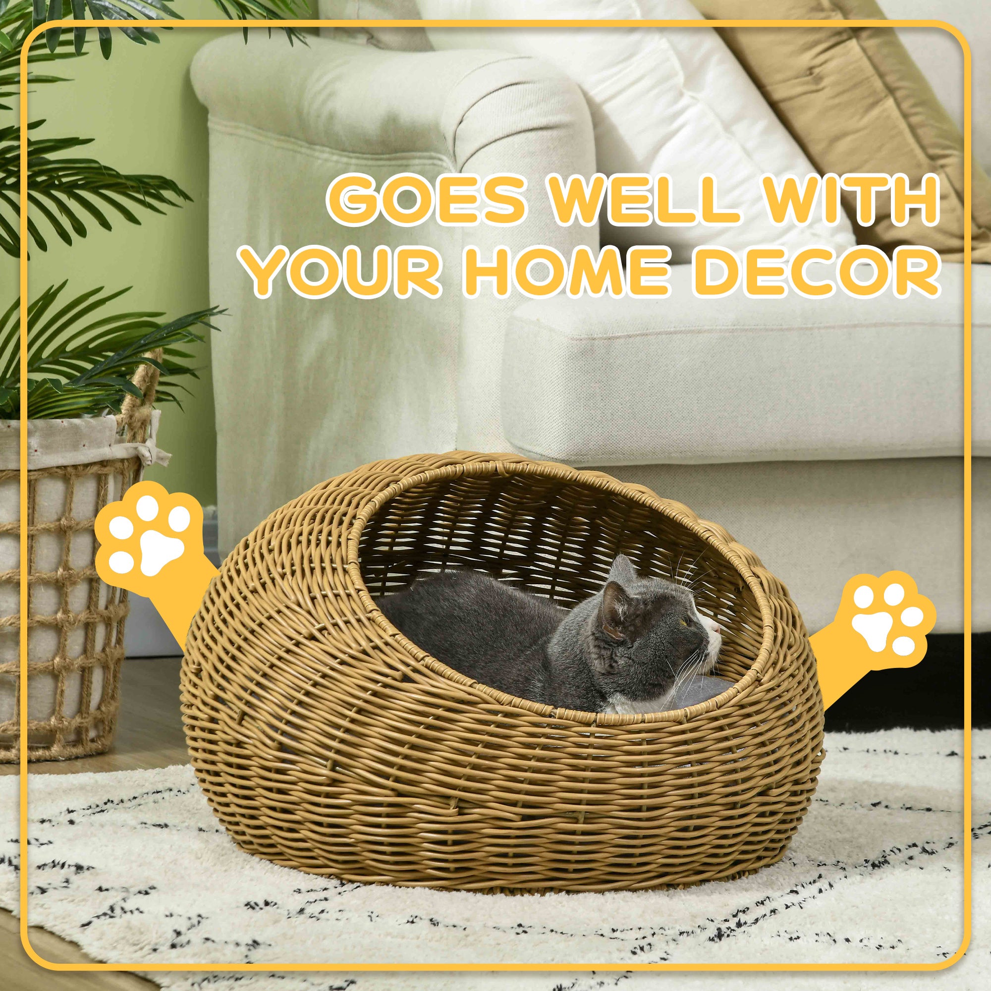 PawHut Wicker Cat House, Rattan Cat Bed Kitten Basket with Washable Cushion for Indoor Cats and Puppies, Light Brown