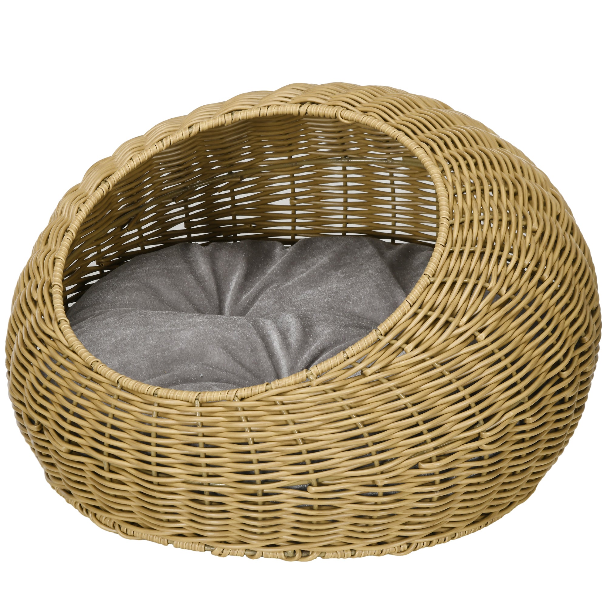 PawHut Wicker Cat House, Rattan Cat Bed Kitten Basket with Washable Cushion for Indoor Cats and Puppies, Light Brown