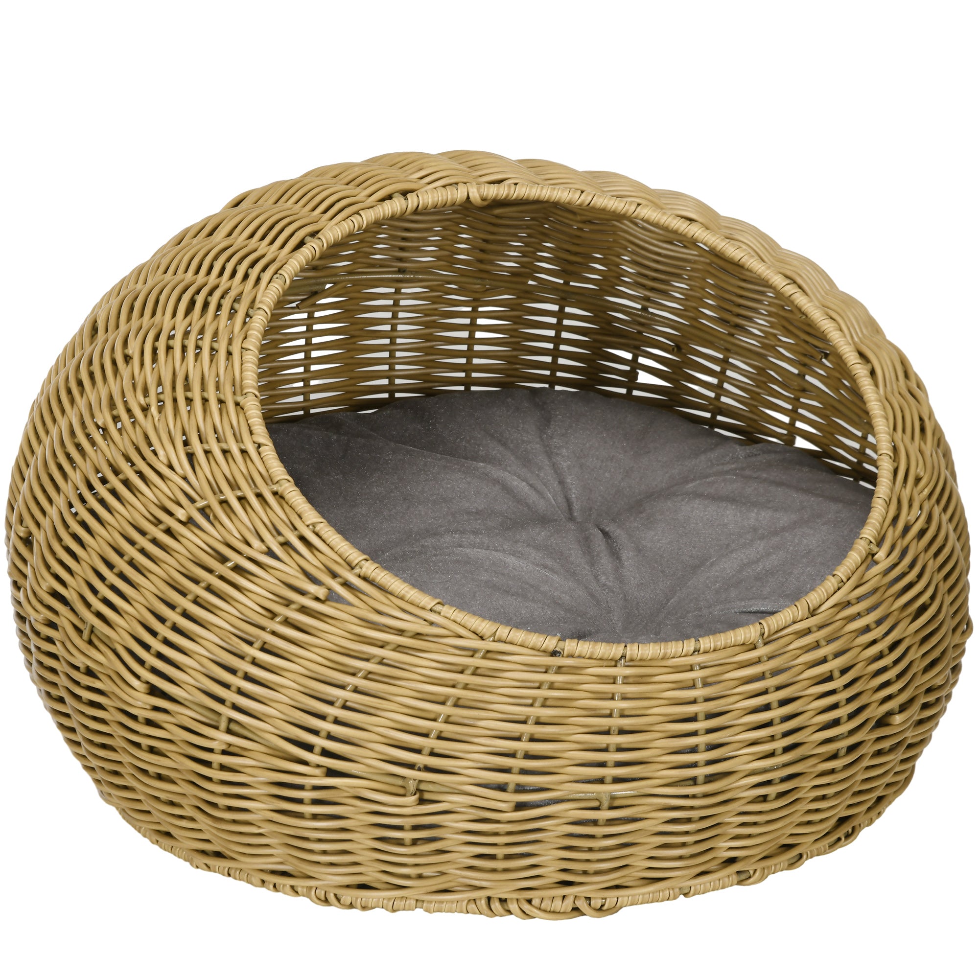 PawHut Wicker Cat House, Rattan Cat Bed Kitten Basket with Washable Cushion for Indoor Cats and Puppies, Light Brown