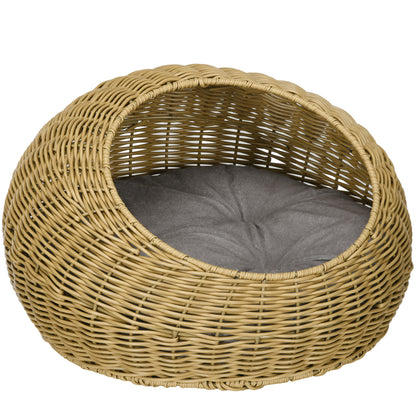 PawHut Wicker Cat House, Rattan Cat Bed Kitten Basket with Washable Cushion for Indoor Cats and Puppies, Light Brown