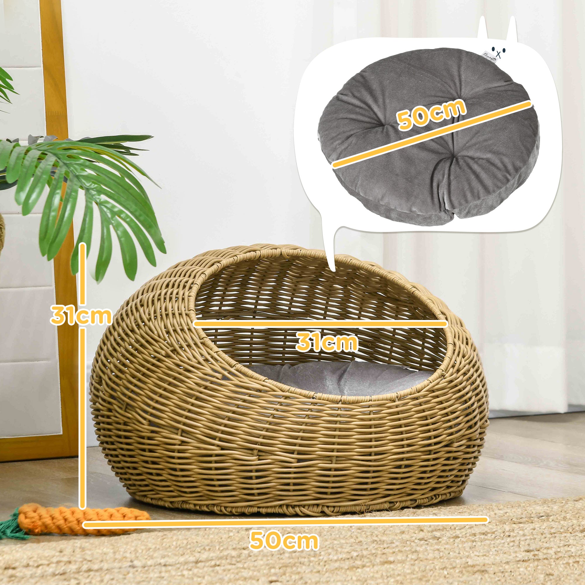PawHut Wicker Cat House, Rattan Cat Bed Kitten Basket with Washable Cushion for Indoor Cats and Puppies, Light Brown