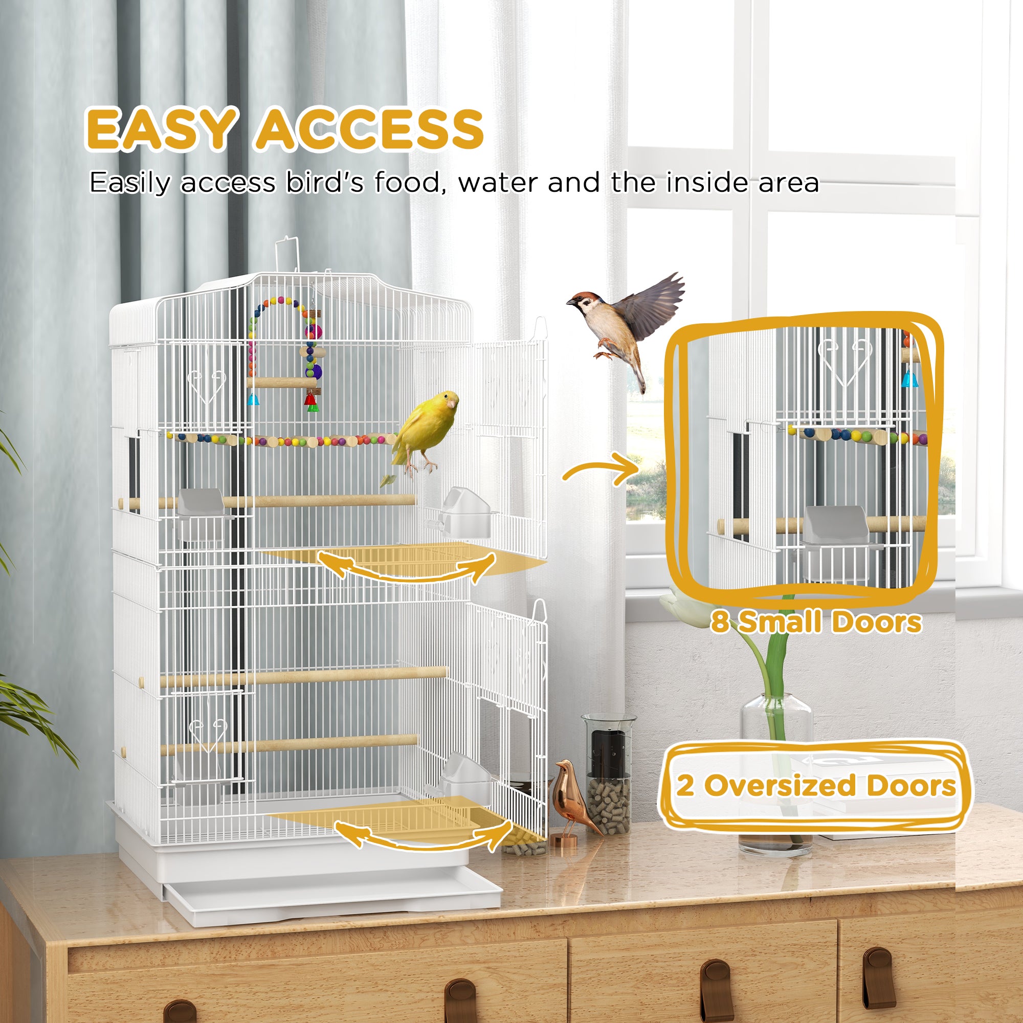 PawHut 36" Bird Cage for Finches, Canaries Budgies, Parrot Cage with Accessories, Handle, Mesh Cover, Tray, White