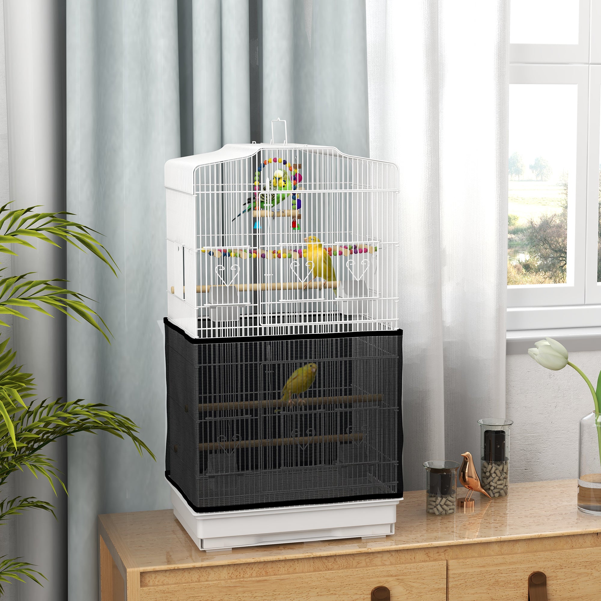 PawHut 36" Bird Cage for Finches, Canaries Budgies, Parrot Cage with Accessories, Handle, Mesh Cover, Tray, White