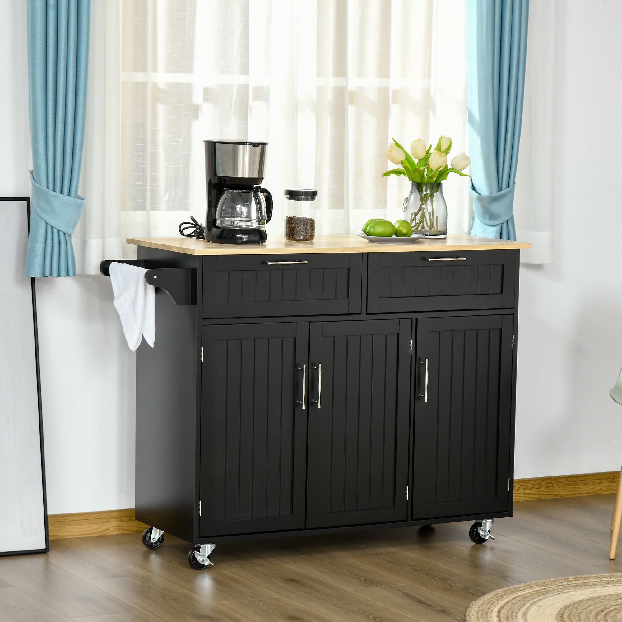 HOMCOM Rolling Kitchen Island, Kitchen Cart on Wheels with 2 Storage Drawers, 3 Door Cabinets and Towel Rack for Dining Room (Black, 3-Doors)