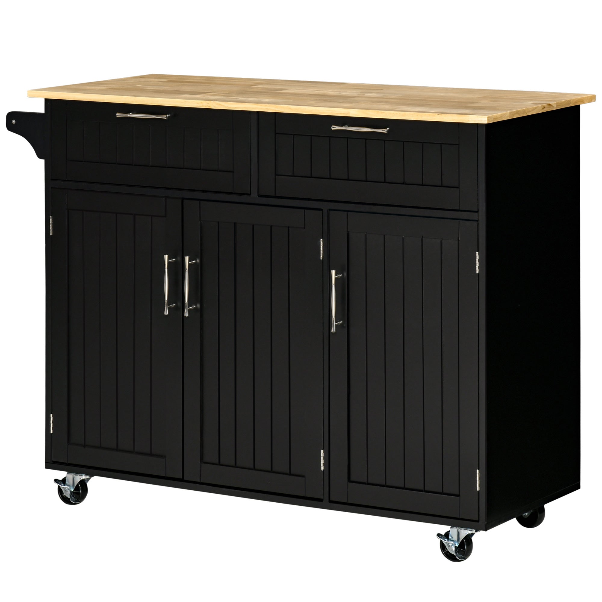 HOMCOM Rolling Kitchen Island, Kitchen Cart on Wheels with 2 Storage Drawers, 3 Door Cabinets and Towel Rack for Dining Room (Black, 3-Doors)