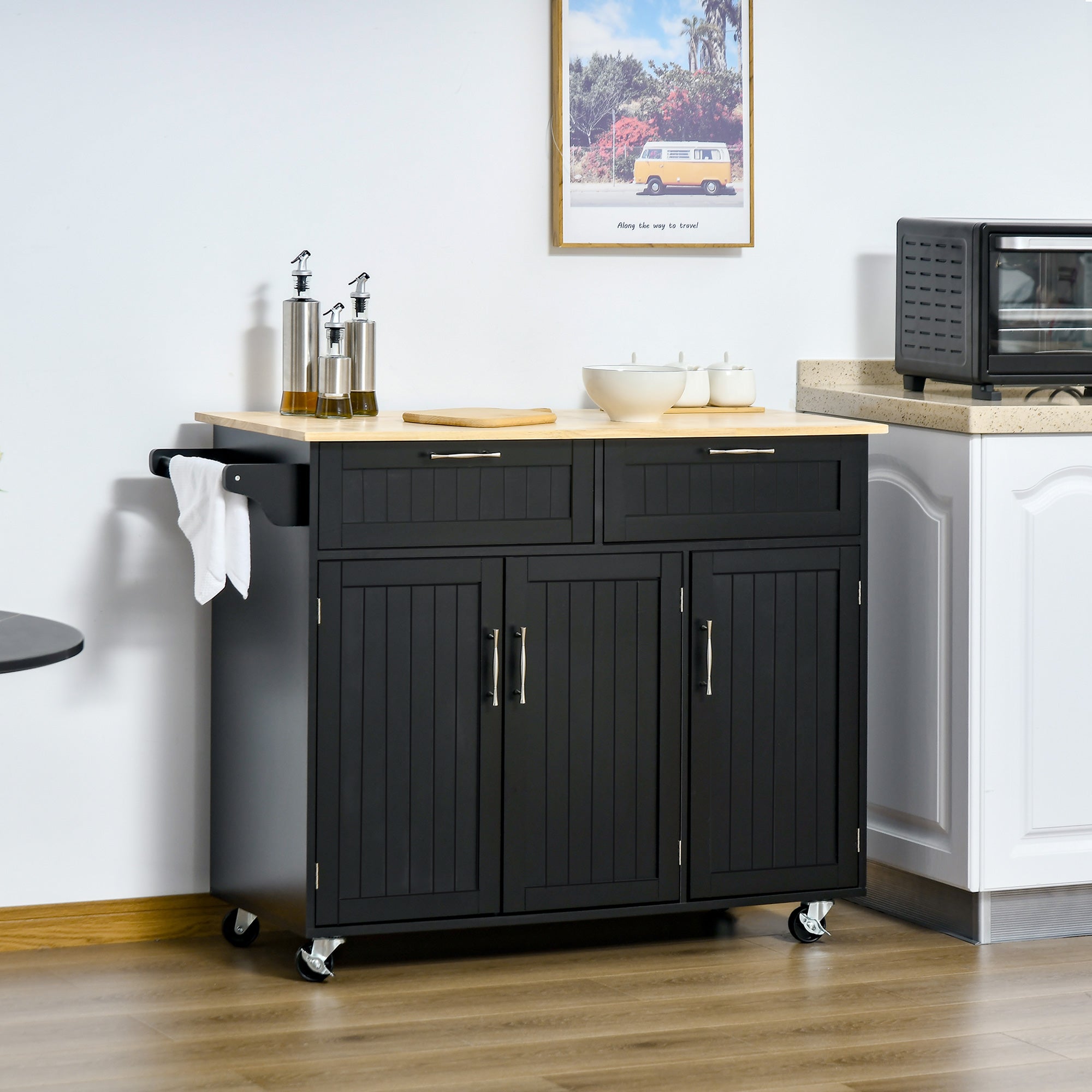HOMCOM Rolling Kitchen Island, Kitchen Cart on Wheels with 2 Storage Drawers, 3 Door Cabinets and Towel Rack for Dining Room (Black, 3-Doors)