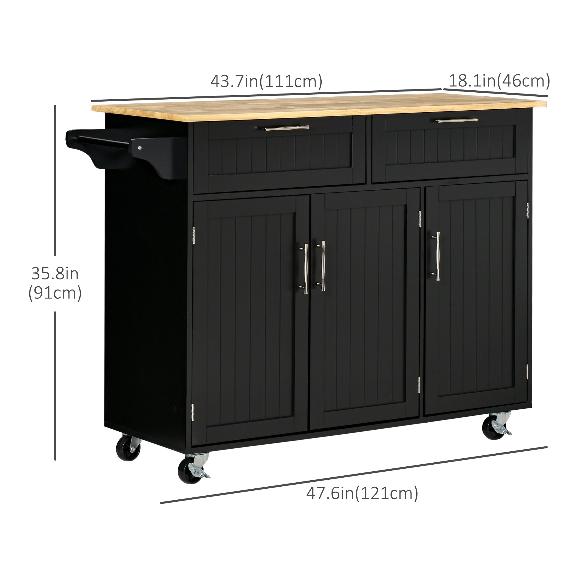 HOMCOM Rolling Kitchen Island, Kitchen Cart on Wheels with 2 Storage Drawers, 3 Door Cabinets and Towel Rack for Dining Room (Black, 3-Doors)