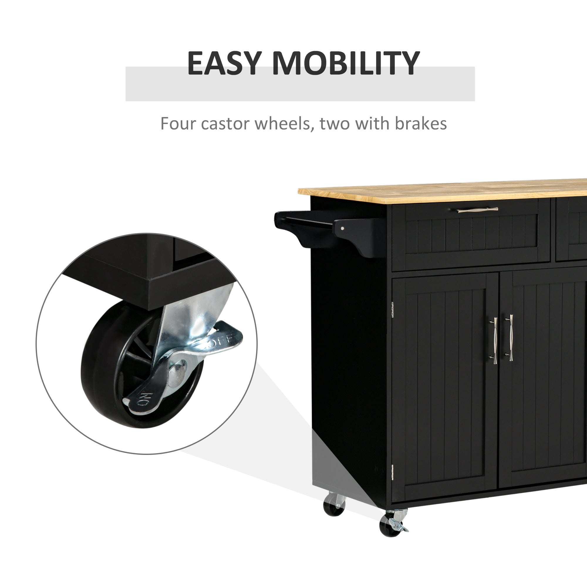 HOMCOM Rolling Kitchen Island, Kitchen Cart on Wheels with 2 Storage Drawers, 3 Door Cabinets and Towel Rack for Dining Room (Black, 3-Doors)