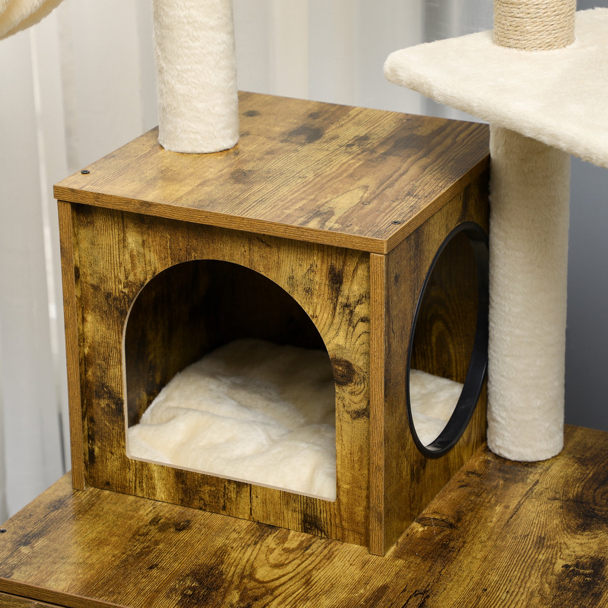 PawHut Litter Box Enclosure with Cat Tree Tower, Hidden Cat Washroom Furniture with Cat House, Scratching Posts, Large Platform, Hammock, Soft Cushion - Rustic Brown