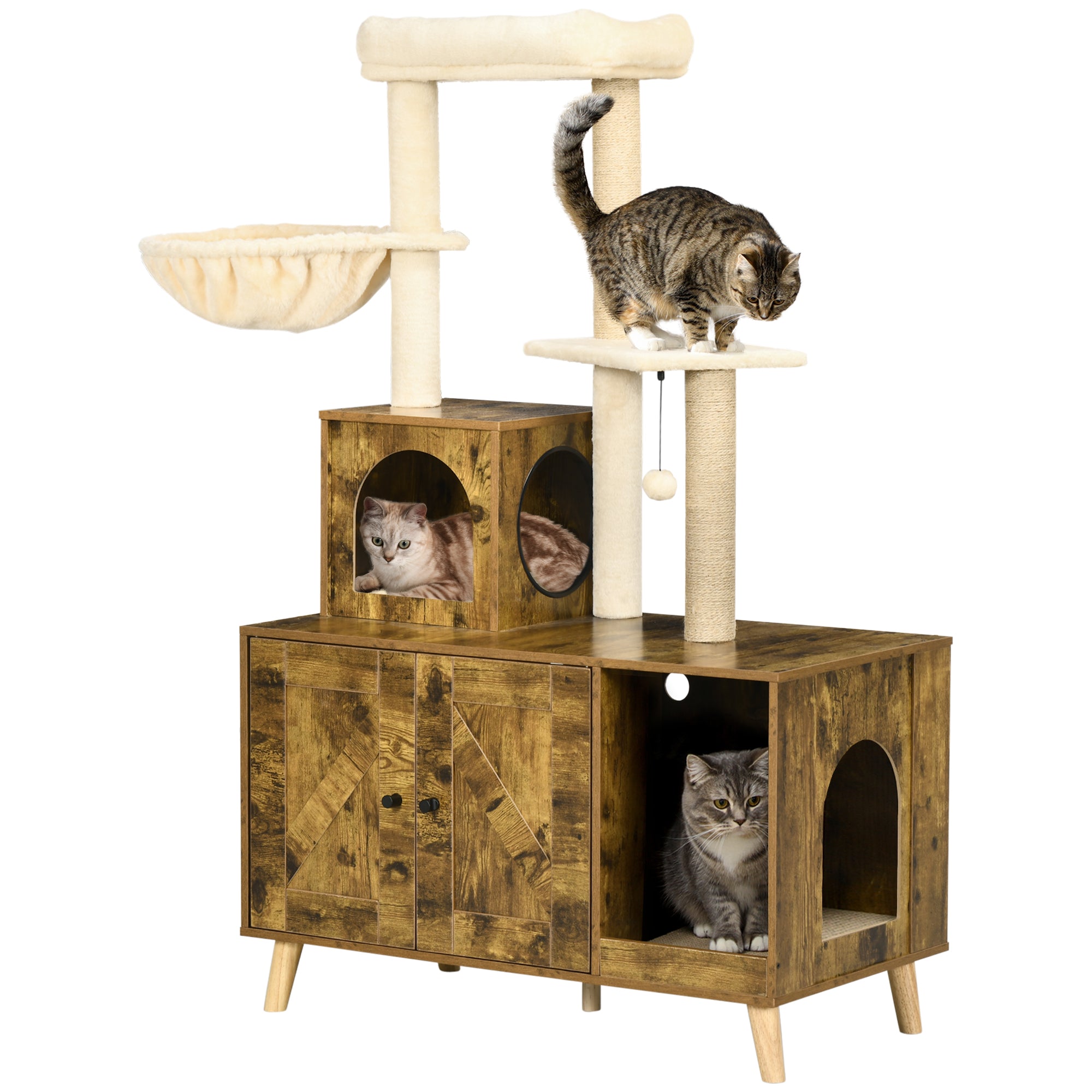 PawHut Litter Box Enclosure with Cat Tree Tower, Hidden Cat Washroom Furniture with Cat House, Scratching Posts, Large Platform, Hammock, Soft Cushion - Rustic Brown