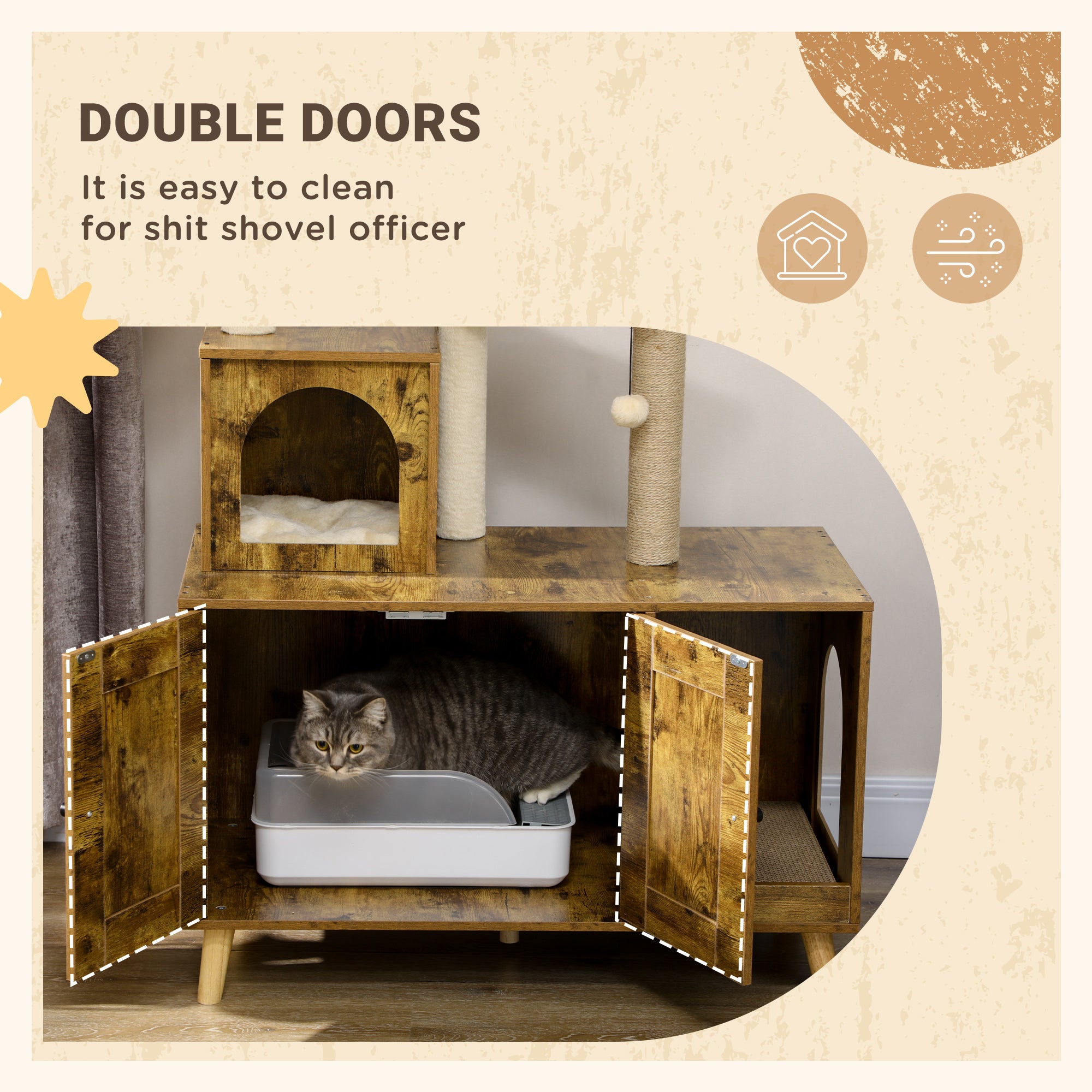 PawHut Litter Box Enclosure with Cat Tree Tower, Hidden Cat Washroom Furniture with Cat House, Scratching Posts, Large Platform, Hammock, Soft Cushion - Rustic Brown
