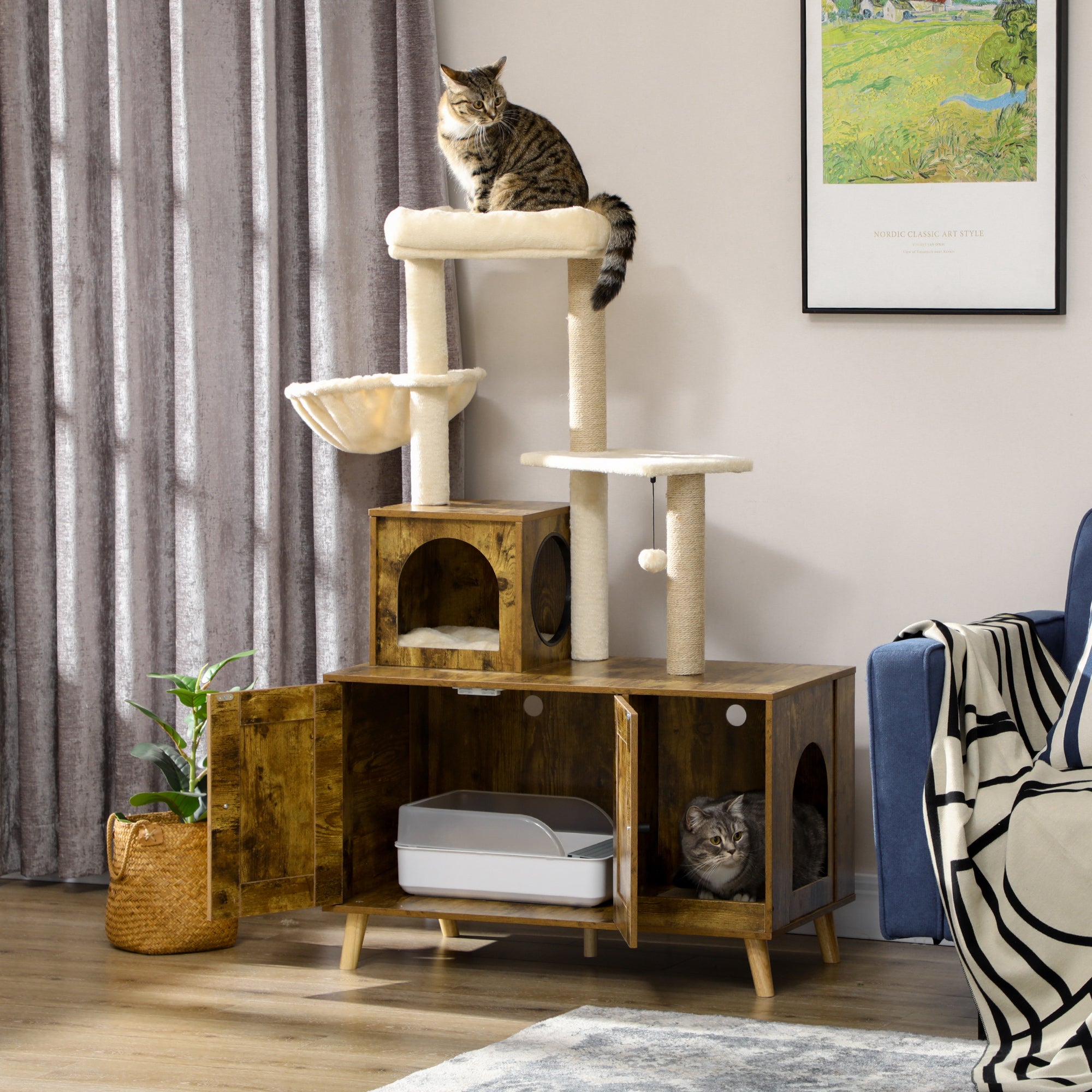 PawHut Litter Box Enclosure with Cat Tree Tower, Hidden Cat Washroom Furniture with Cat House, Scratching Posts, Large Platform, Hammock, Soft Cushion - Rustic Brown