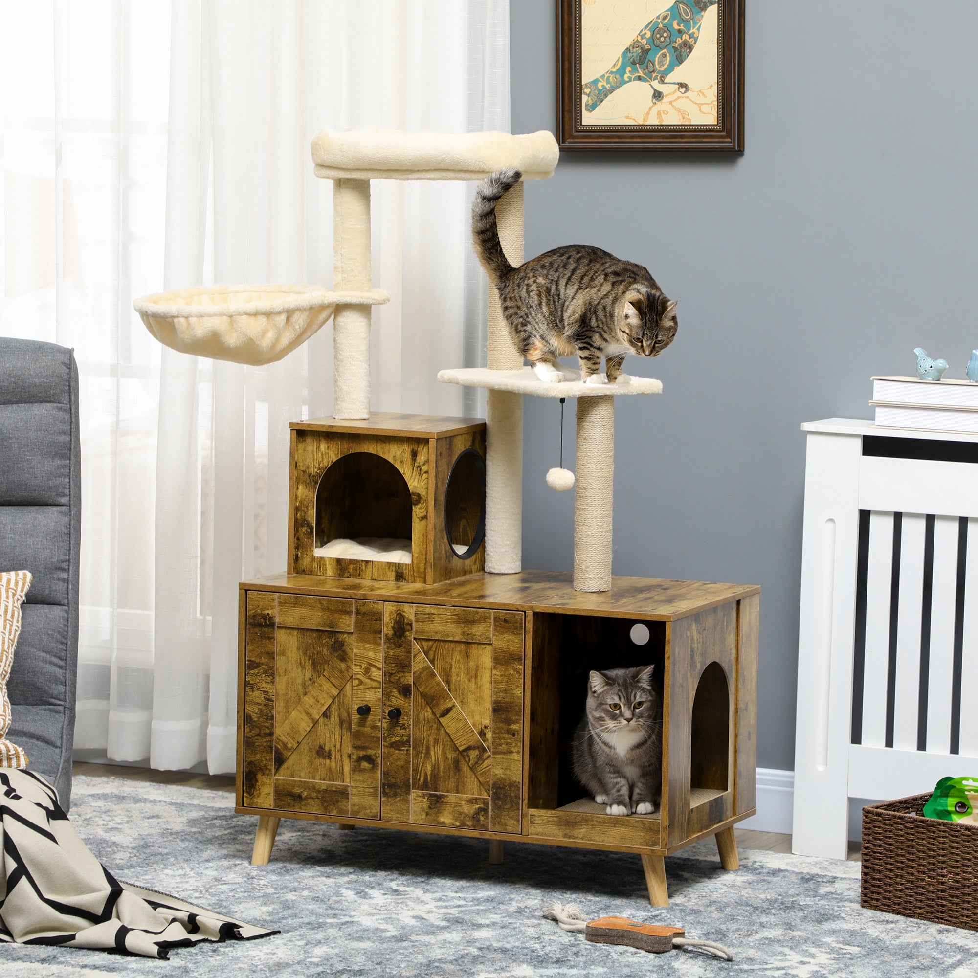PawHut Litter Box Enclosure with Cat Tree Tower, Hidden Cat Washroom Furniture with Cat House, Scratching Posts, Large Platform, Hammock, Soft Cushion - Rustic Brown