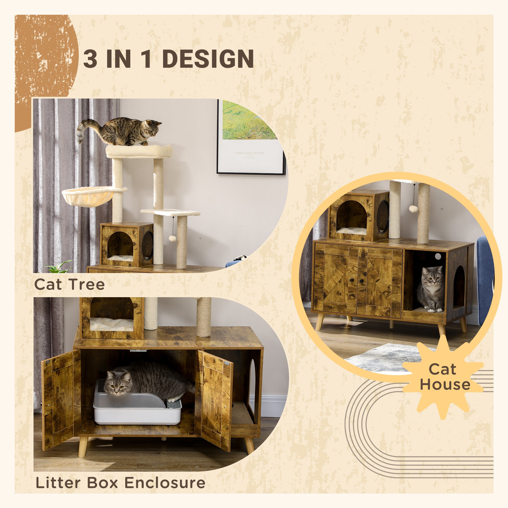 PawHut Litter Box Enclosure with Cat Tree Tower, Hidden Cat Washroom Furniture with Cat House, Scratching Posts, Large Platform, Hammock, Soft Cushion - Rustic Brown