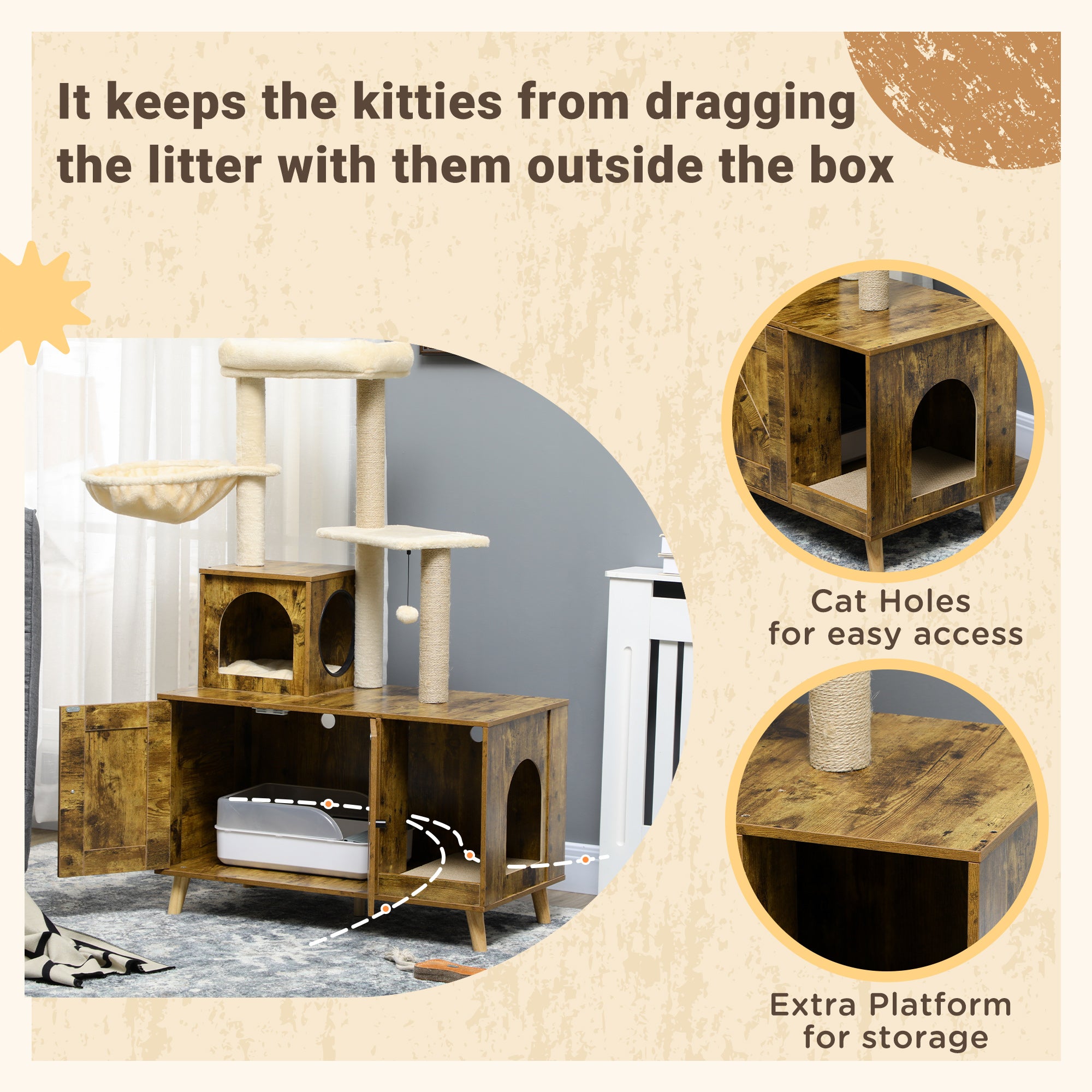 PawHut Litter Box Enclosure with Cat Tree Tower, Hidden Cat Washroom Furniture with Cat House, Scratching Posts, Large Platform, Hammock, Soft Cushion - Rustic Brown