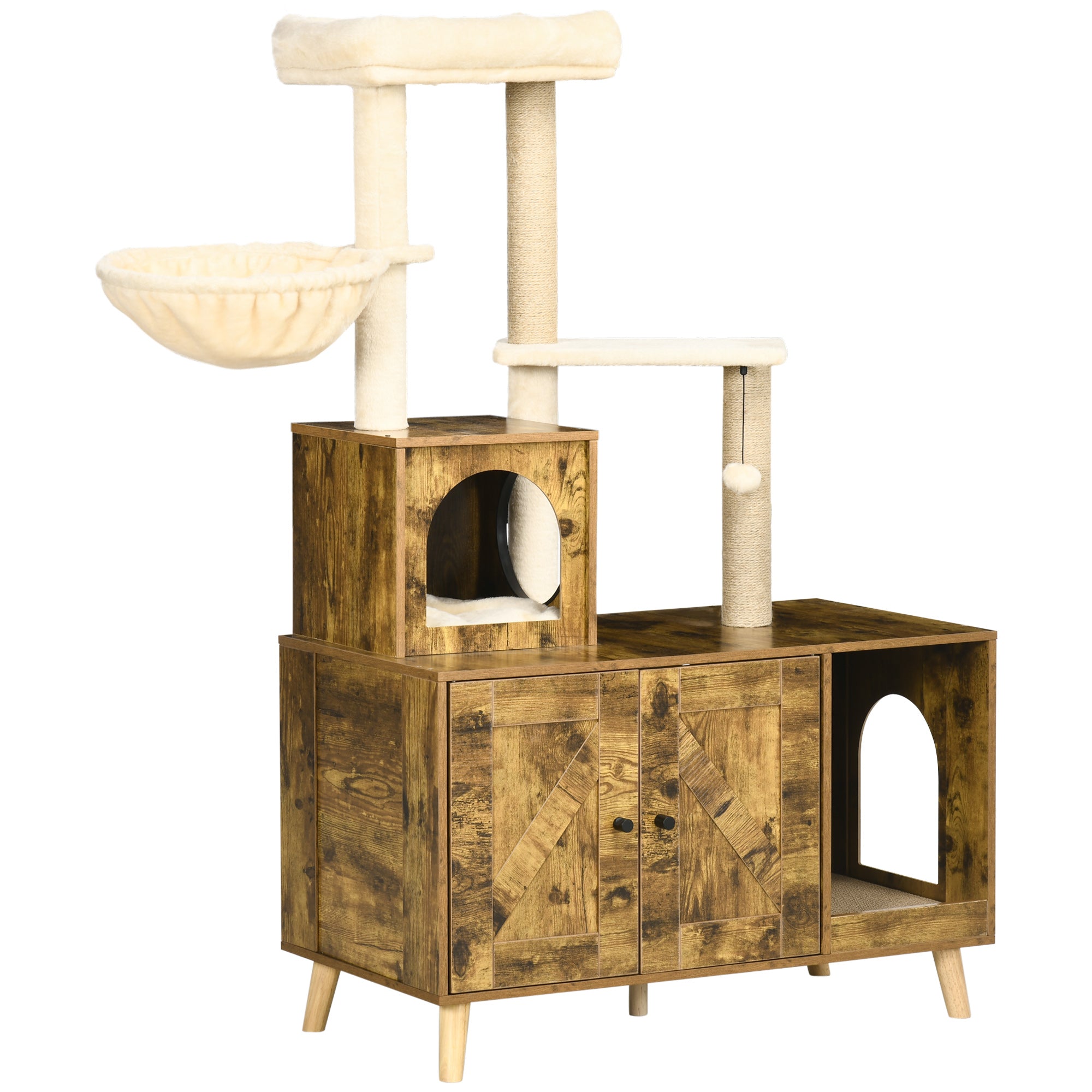 PawHut Litter Box Enclosure with Cat Tree Tower, Hidden Cat Washroom Furniture with Cat House, Scratching Posts, Large Platform, Hammock, Soft Cushion - Rustic Brown