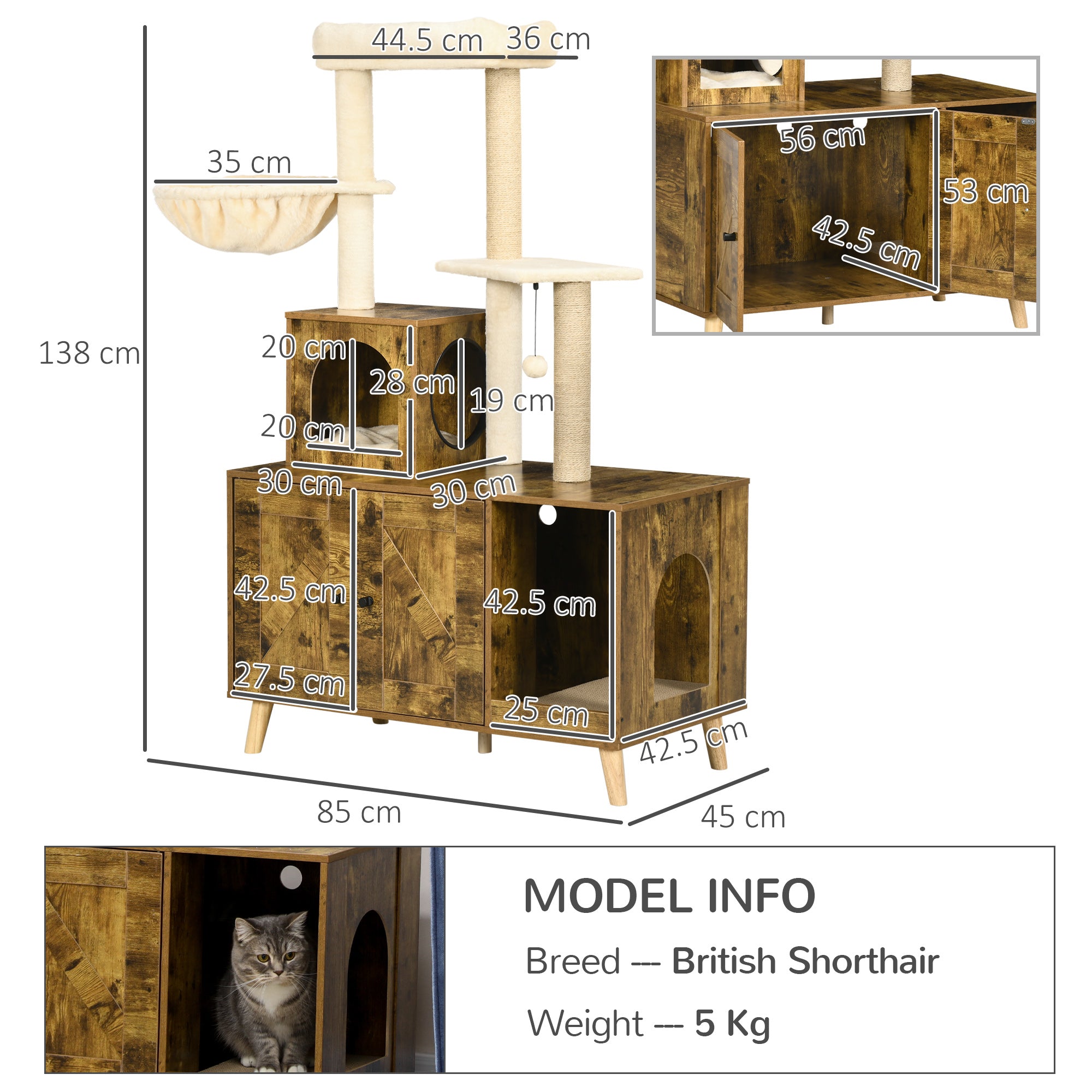 PawHut Litter Box Enclosure with Cat Tree Tower, Hidden Cat Washroom Furniture with Cat House, Scratching Posts, Large Platform, Hammock, Soft Cushion - Rustic Brown