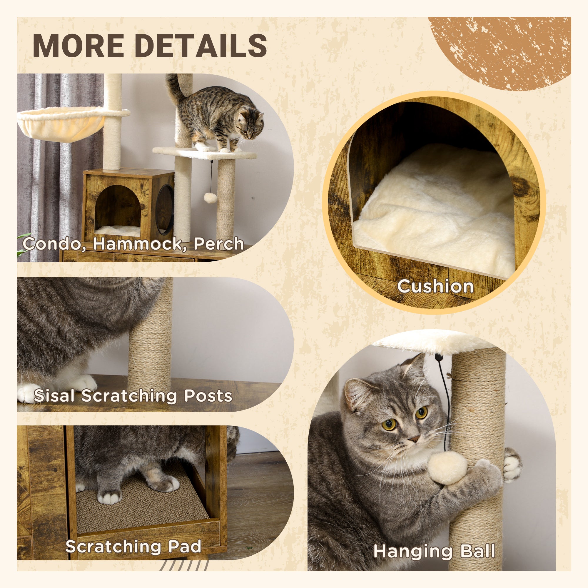 PawHut Litter Box Enclosure with Cat Tree Tower, Hidden Cat Washroom Furniture with Cat House, Scratching Posts, Large Platform, Hammock, Soft Cushion - Rustic Brown