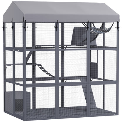 PawHut Large Cat House with Anti-Escape Floor, 81" H Wooden Catio Outdoor Cat Enclosure with Waterproof Cover, Walk in Door, Condo, Hammock, Ramp, Bridge, for 2-4 Cats