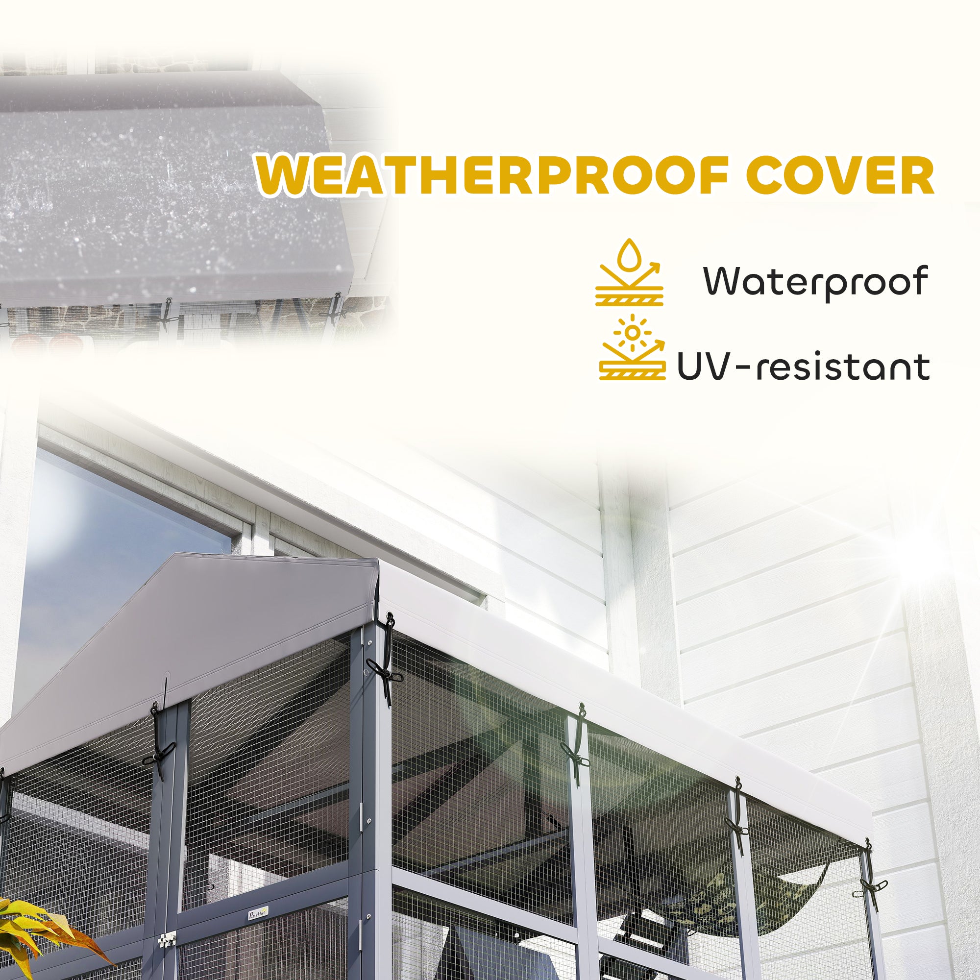 PawHut Large Cat House with Anti-Escape Floor, 81" H Wooden Catio Outdoor Cat Enclosure with Waterproof Cover, Walk in Door, Condo, Hammock, Ramp, Bridge, for 2-4 Cats