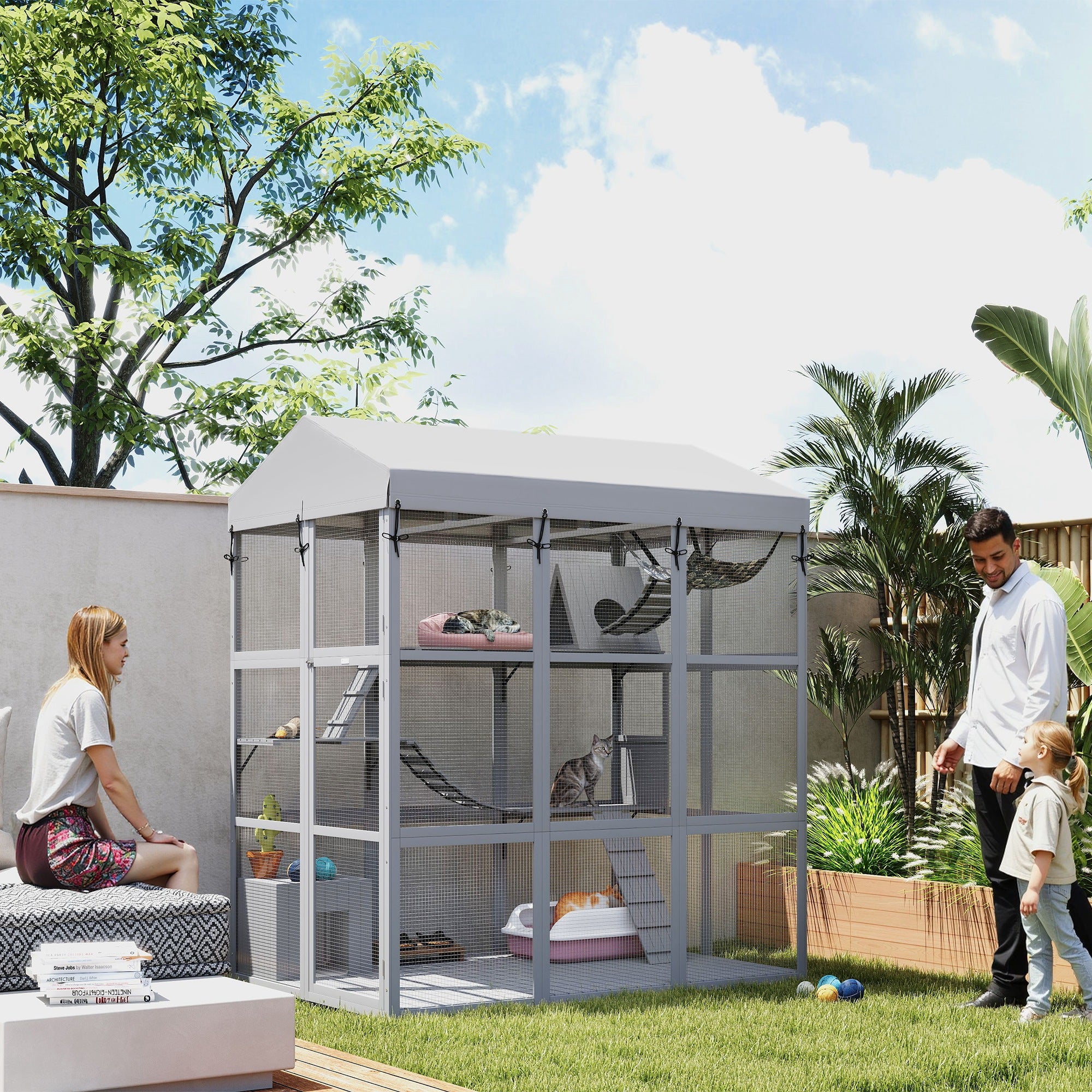 PawHut Large Cat House with Anti-Escape Floor, 81" H Wooden Catio Outdoor Cat Enclosure with Waterproof Cover, Walk in Door, Condo, Hammock, Ramp, Bridge, for 2-4 Cats