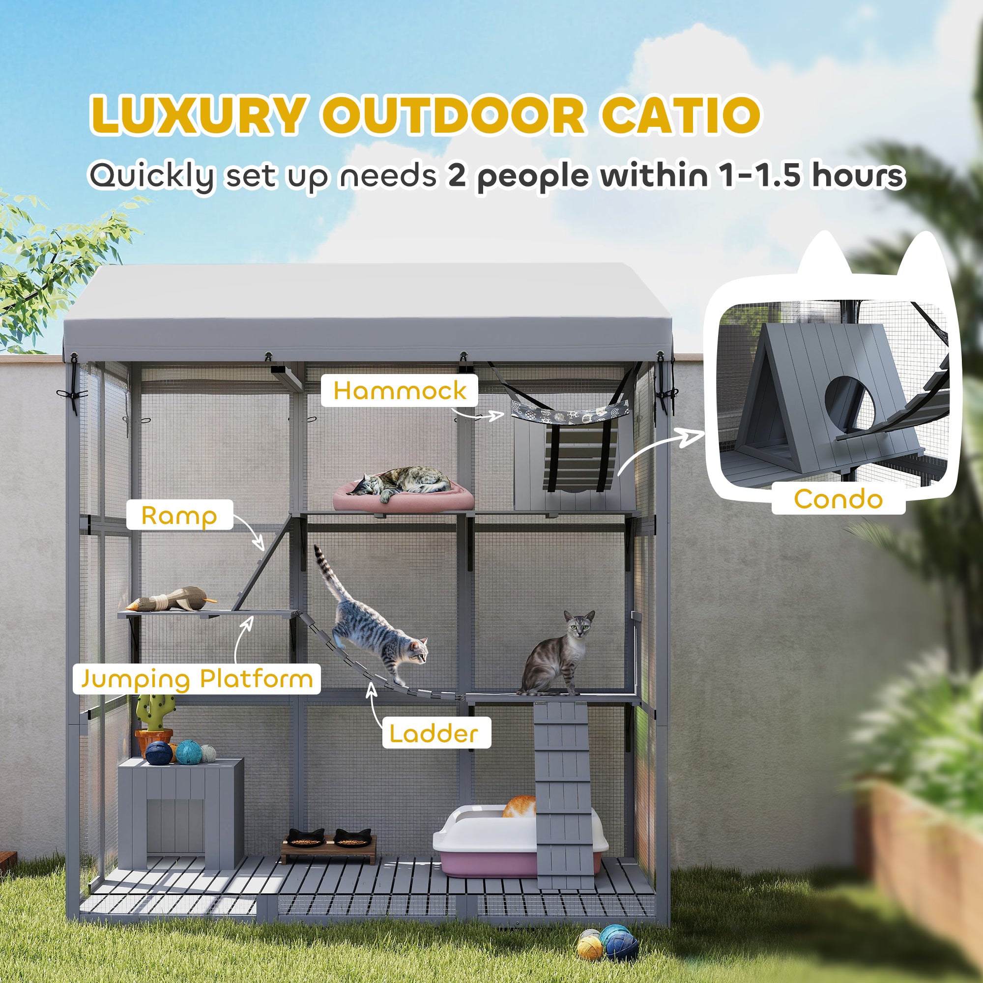PawHut Large Cat House with Anti-Escape Floor, 81" H Wooden Catio Outdoor Cat Enclosure with Waterproof Cover, Walk in Door, Condo, Hammock, Ramp, Bridge, for 2-4 Cats