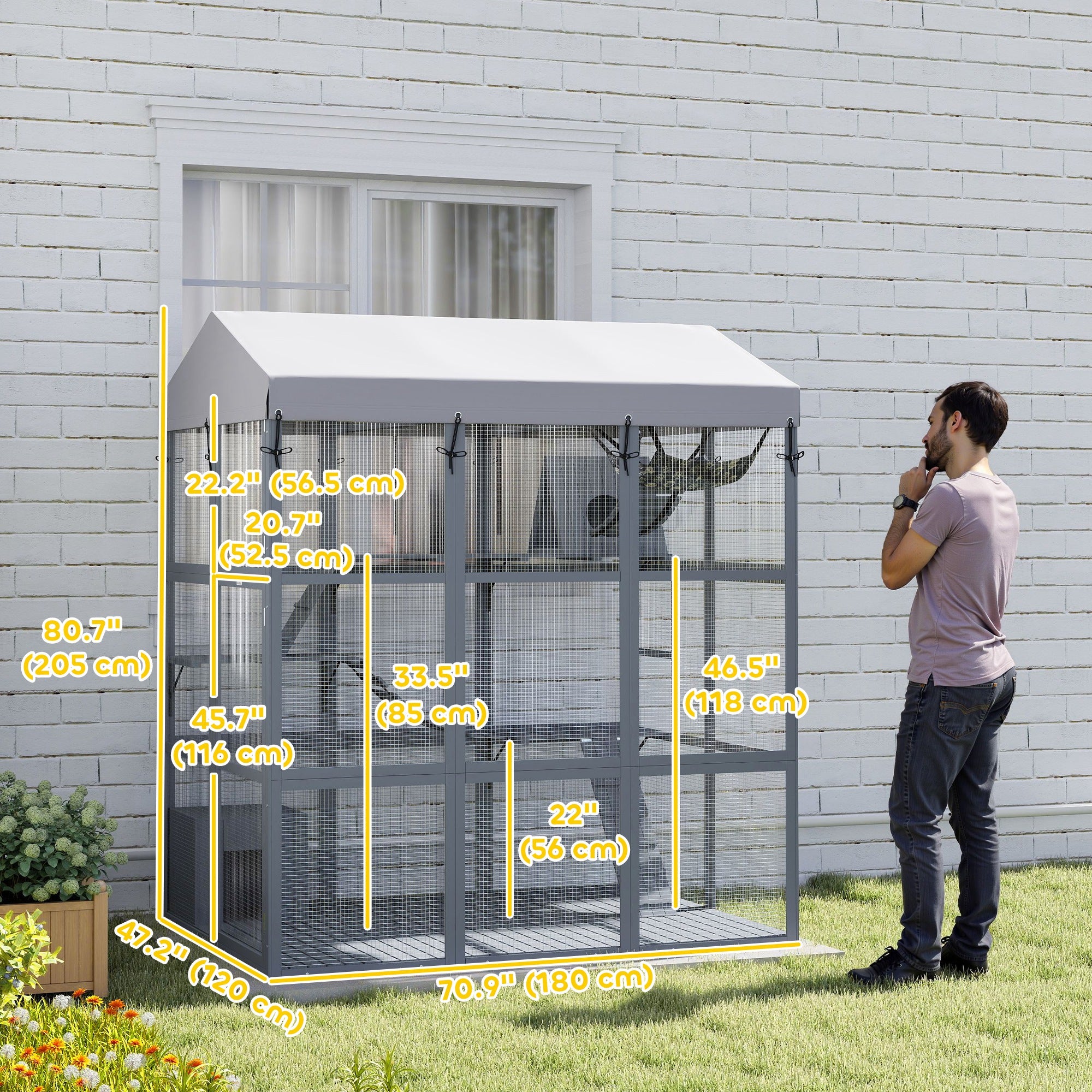 PawHut Large Cat House with Anti-Escape Floor, 81" H Wooden Catio Outdoor Cat Enclosure with Waterproof Cover, Walk in Door, Condo, Hammock, Ramp, Bridge, for 2-4 Cats