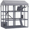 PawHut Large Cat House with Anti-Escape Floor, 81" H Wooden Catio Outdoor Cat Enclosure with Waterproof Cover, Walk in Door, Condo, Hammock, Ramp, Bridge, for 2-4 Cats