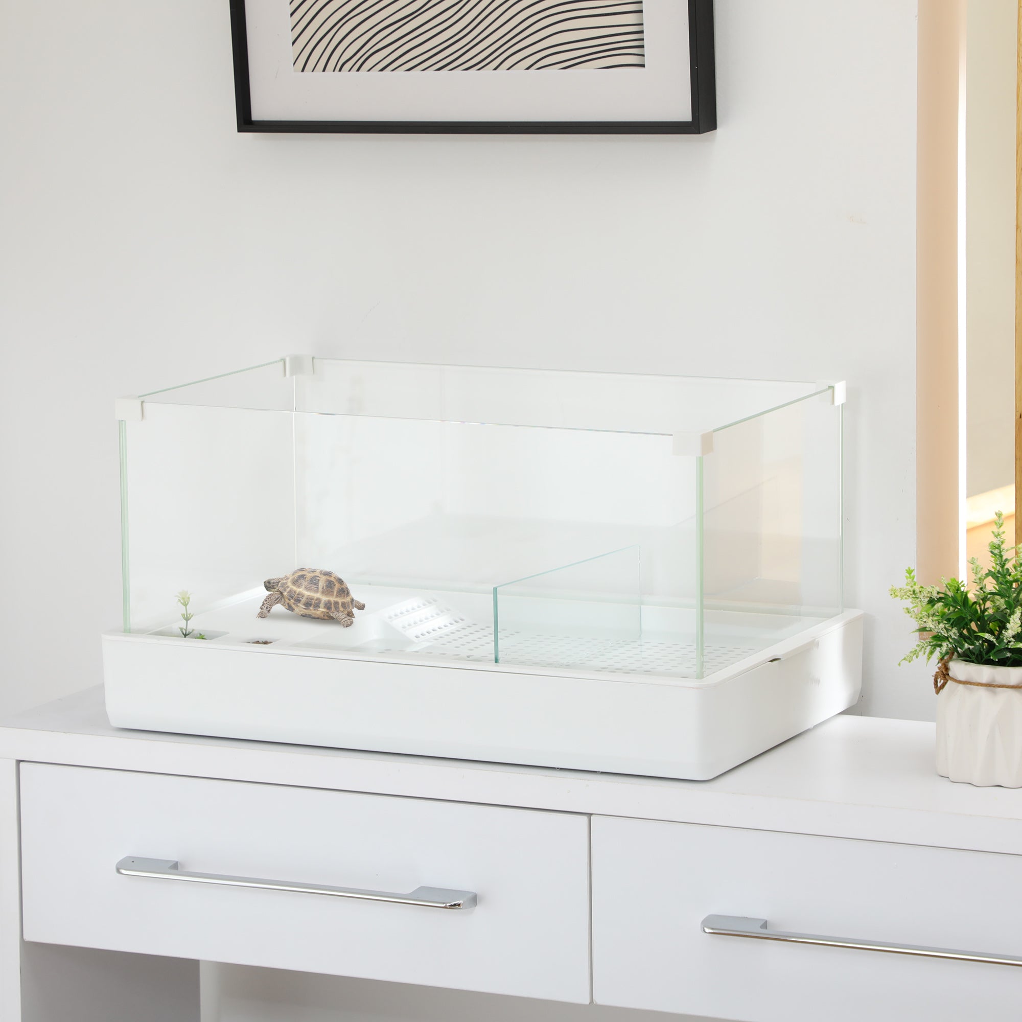 PawHut Glass Turtle Tank, Turtle Aquarium with Basking Platform and Filter Layer Design, Full View Visually Reptile Habitat, Easy to Clean and Change Water, Multi Functional Area