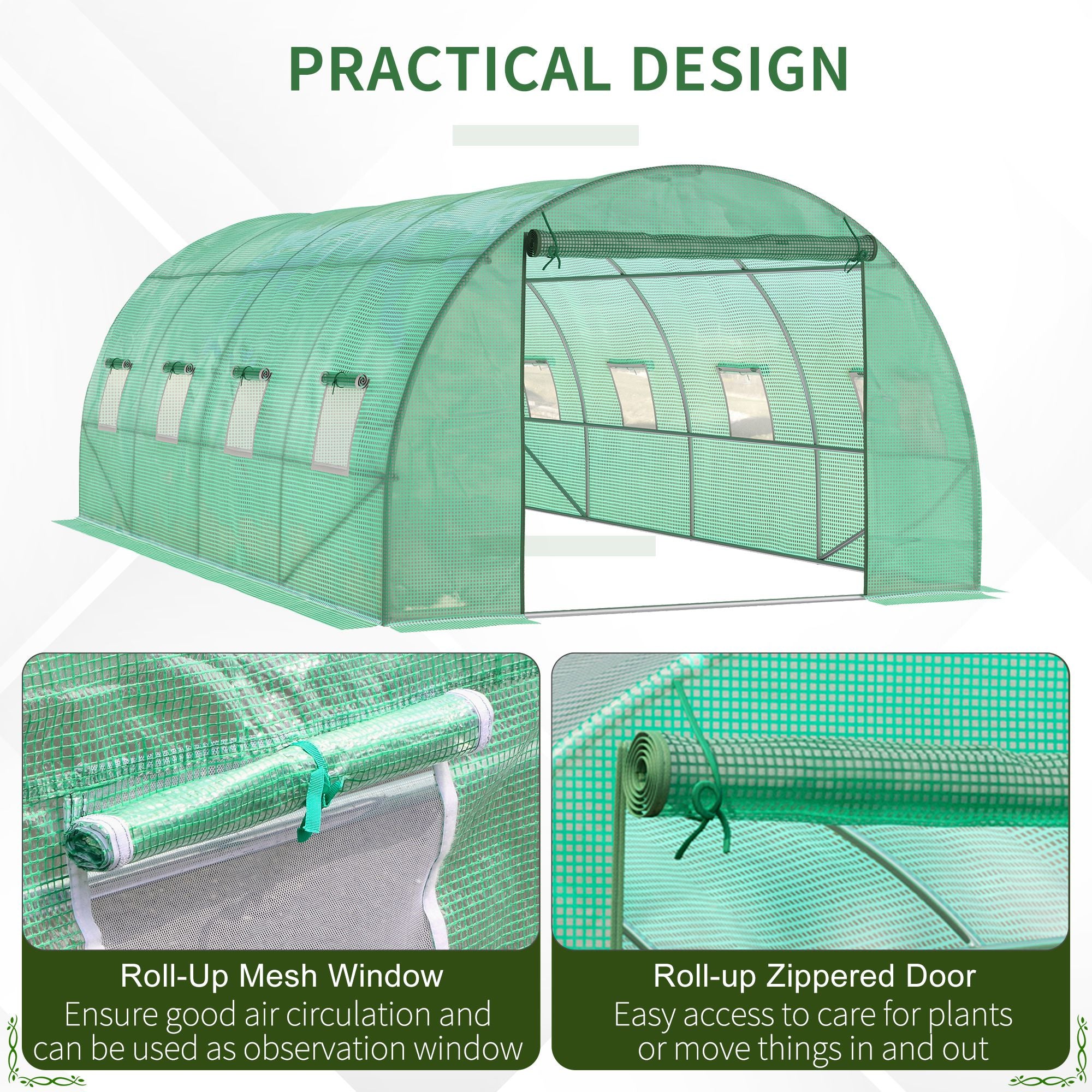 Outsunny Walk-in Tunnel Greenhouse, 19 x 10 x 6.6 ft Hoop House with Zipped Roll-Up Door and 8 Mesh Windows, Outdoor Greenhouse with Galvanised Steel Frame, Green