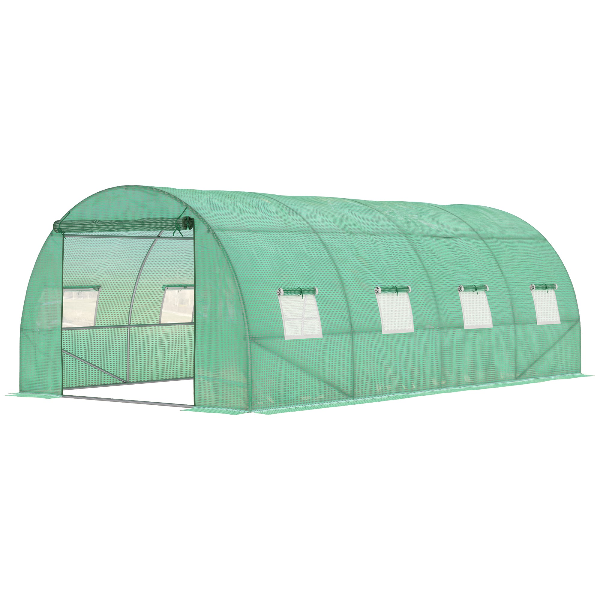 Outsunny Walk-in Tunnel Greenhouse, 19 x 10 x 6.6 ft Hoop House with Zipped Roll-Up Door and 8 Mesh Windows, Outdoor Greenhouse with Galvanised Steel Frame, Green