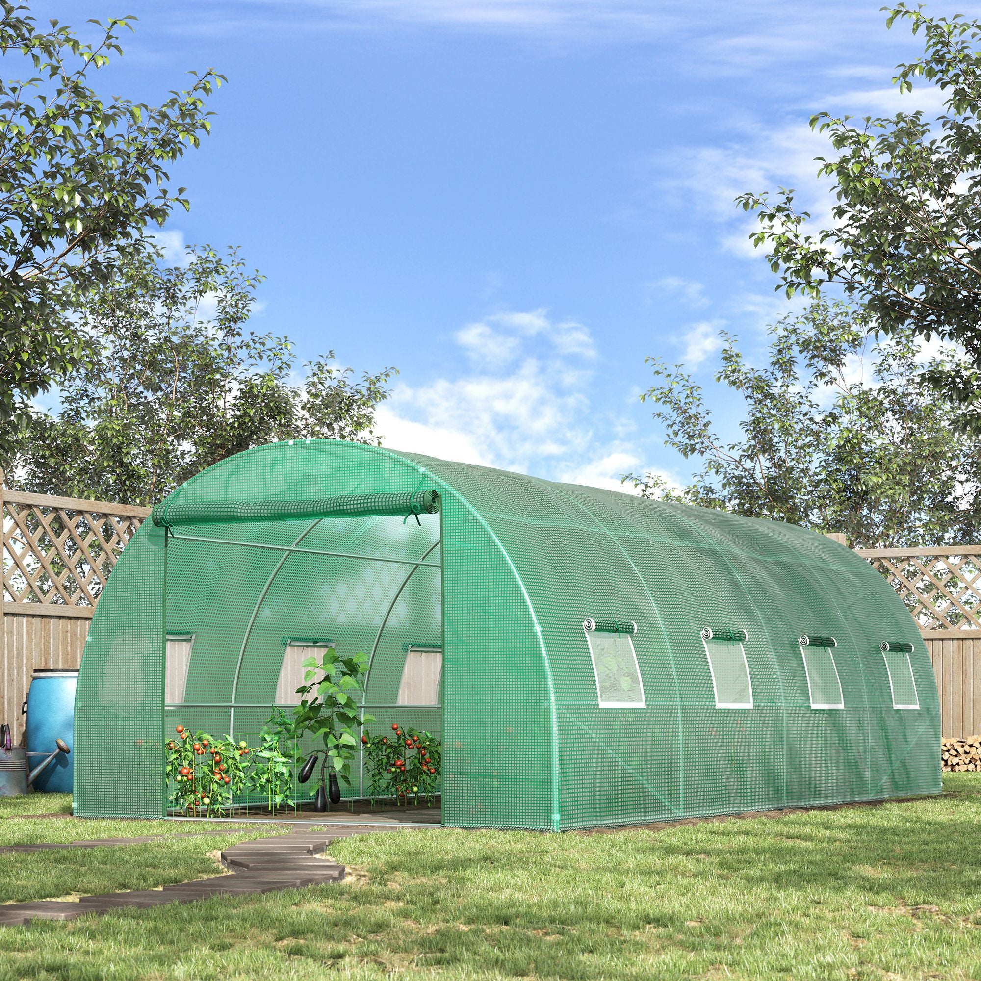 Outsunny Walk-in Tunnel Greenhouse, 19 x 10 x 6.6 ft Hoop House with Zipped Roll-Up Door and 8 Mesh Windows, Outdoor Greenhouse with Galvanised Steel Frame, Green