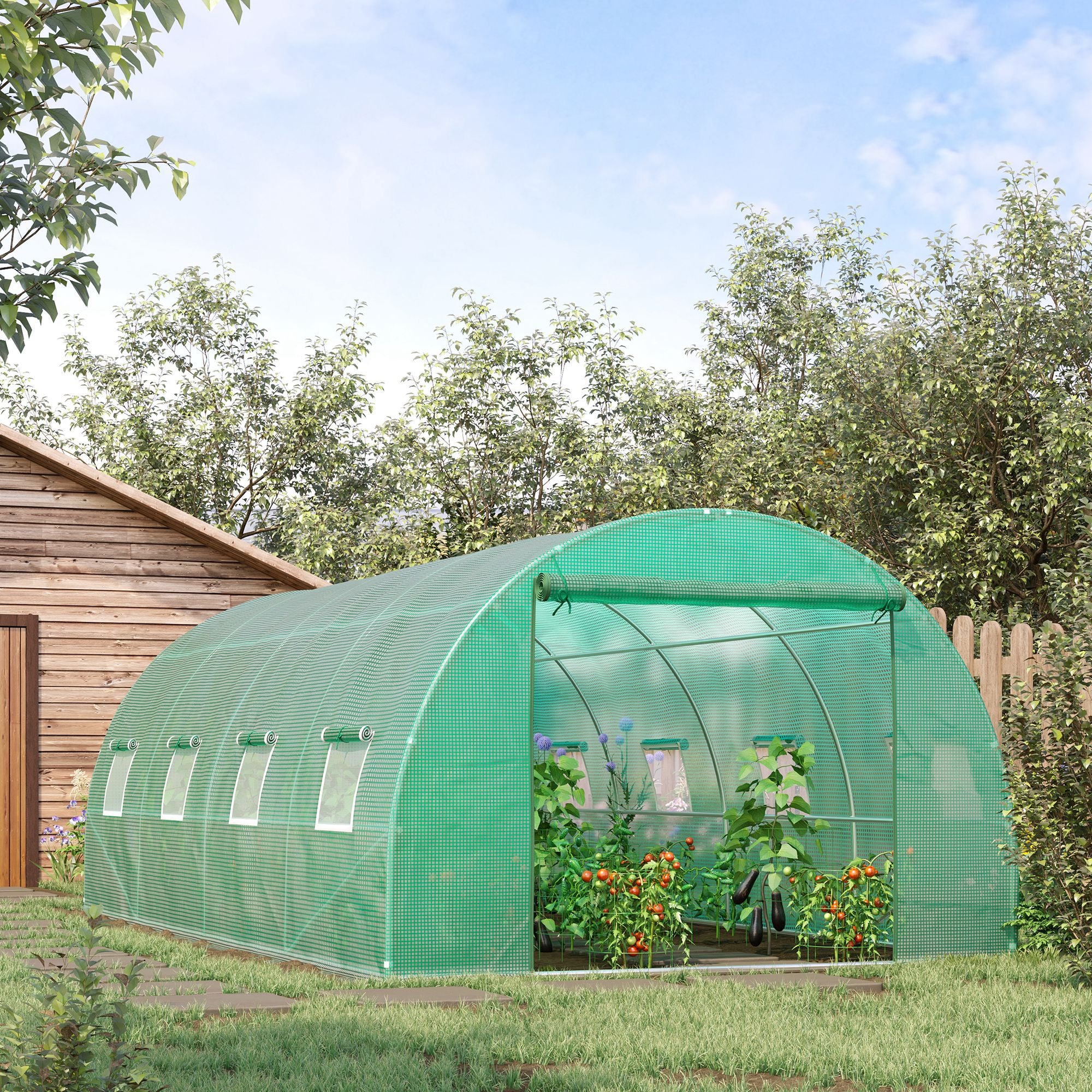 Outsunny Walk-in Tunnel Greenhouse, 19 x 10 x 6.6 ft Hoop House with Zipped Roll-Up Door and 8 Mesh Windows, Outdoor Greenhouse with Galvanised Steel Frame, Green