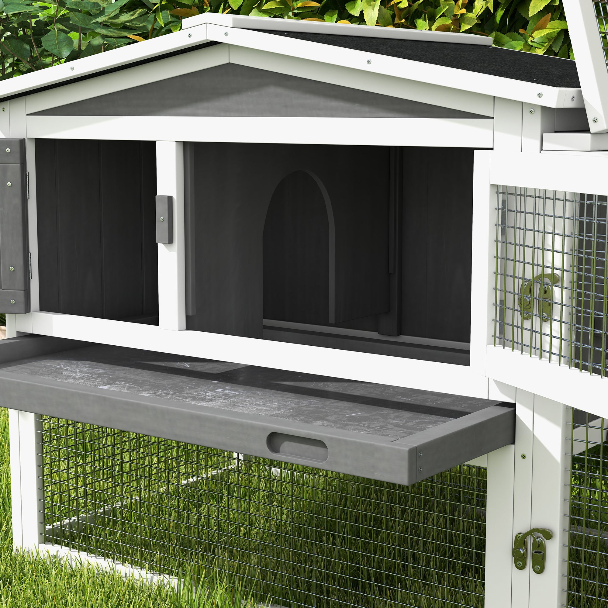 PawHut 61'' L 2-Story Rabbit Hutch Bunny Cage Small Animal House with Pull Out Tray, Detachable Run, Ramp, for Indoor Outdoor, Light Grey