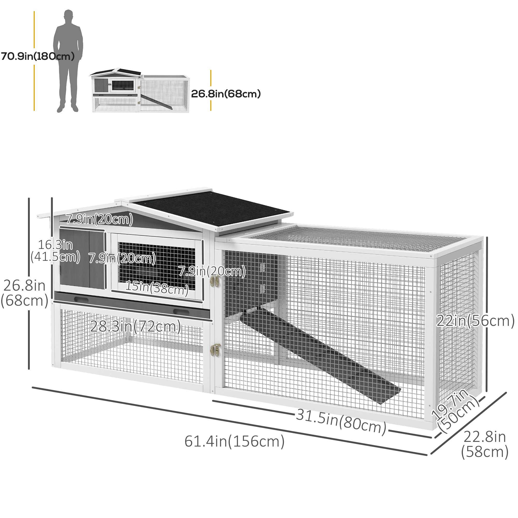 PawHut 61'' L 2-Story Rabbit Hutch Bunny Cage Small Animal House with Pull Out Tray, Detachable Run, Ramp, for Indoor Outdoor, Light Grey