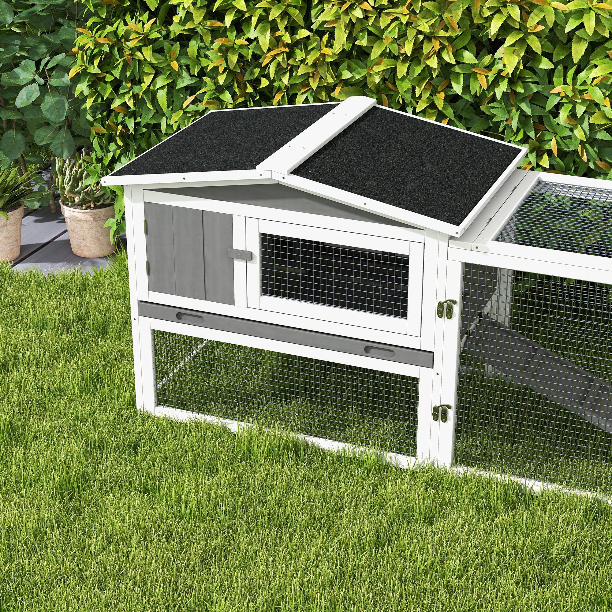 PawHut 61'' L 2-Story Rabbit Hutch Bunny Cage Small Animal House with Pull Out Tray, Detachable Run, Ramp, for Indoor Outdoor, Light Grey
