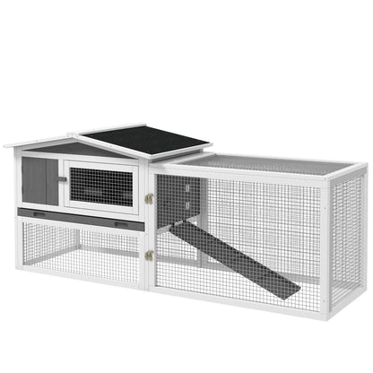 PawHut 61'' L 2-Story Rabbit Hutch Bunny Cage Small Animal House with Pull Out Tray, Detachable Run, Ramp, for Indoor Outdoor, Light Grey