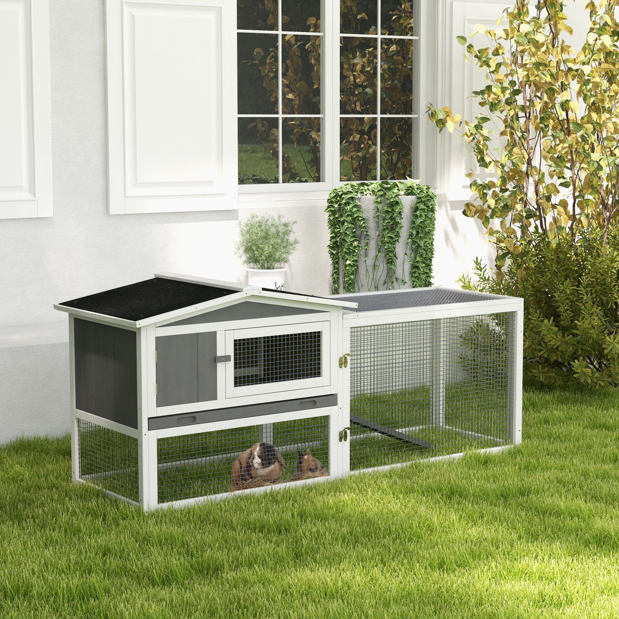 PawHut Rabbit Hutch with Run Wooden Guinea Pig Hutch Outdoor Bunny Cage Hide House with Sliding Tray, Hay Rack, Ramp, 156 x 58 x 68cm, Grey