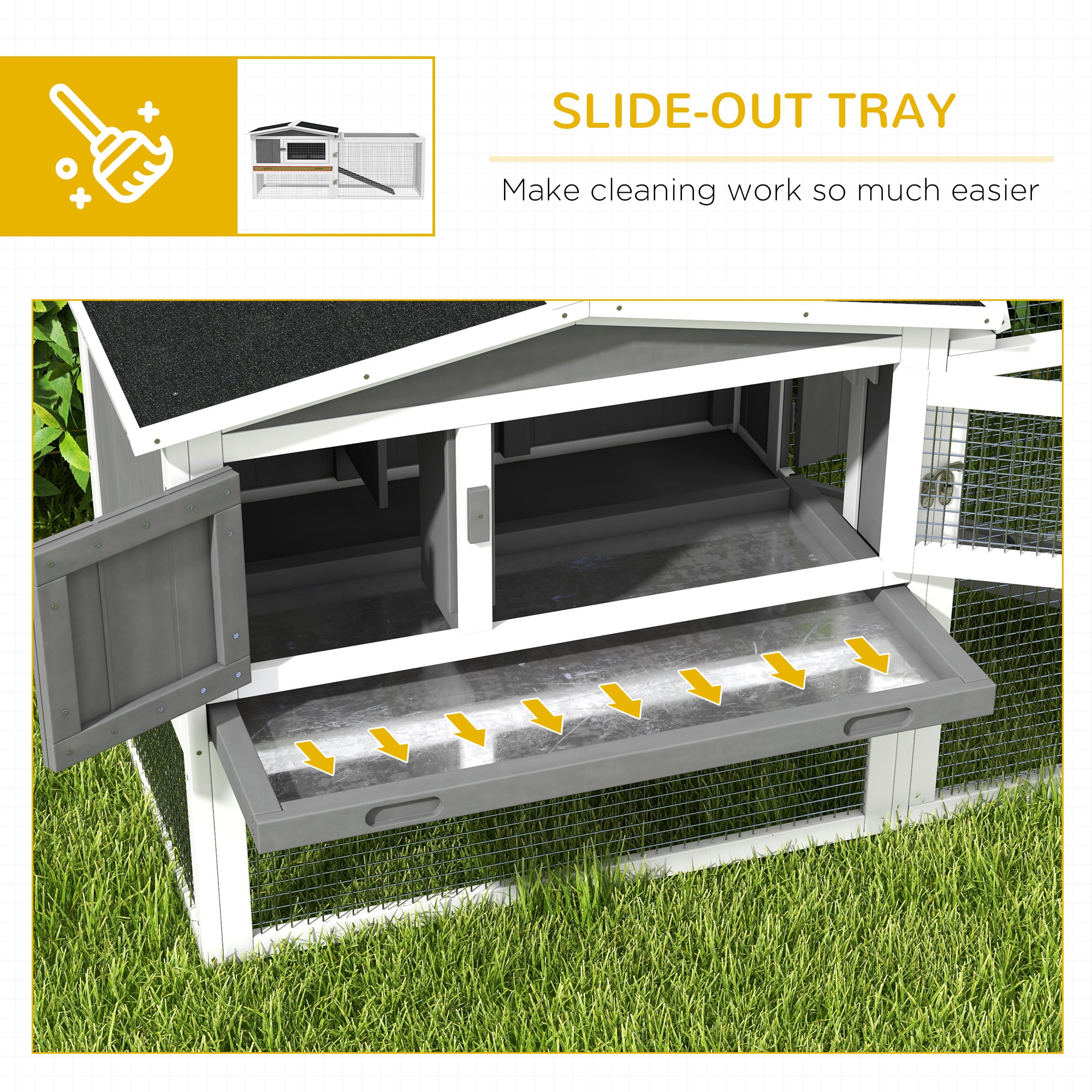 PawHut 61'' L 2-Story Rabbit Hutch Bunny Cage Small Animal House with Pull Out Tray, Detachable Run, Ramp, for Indoor Outdoor, Light Grey