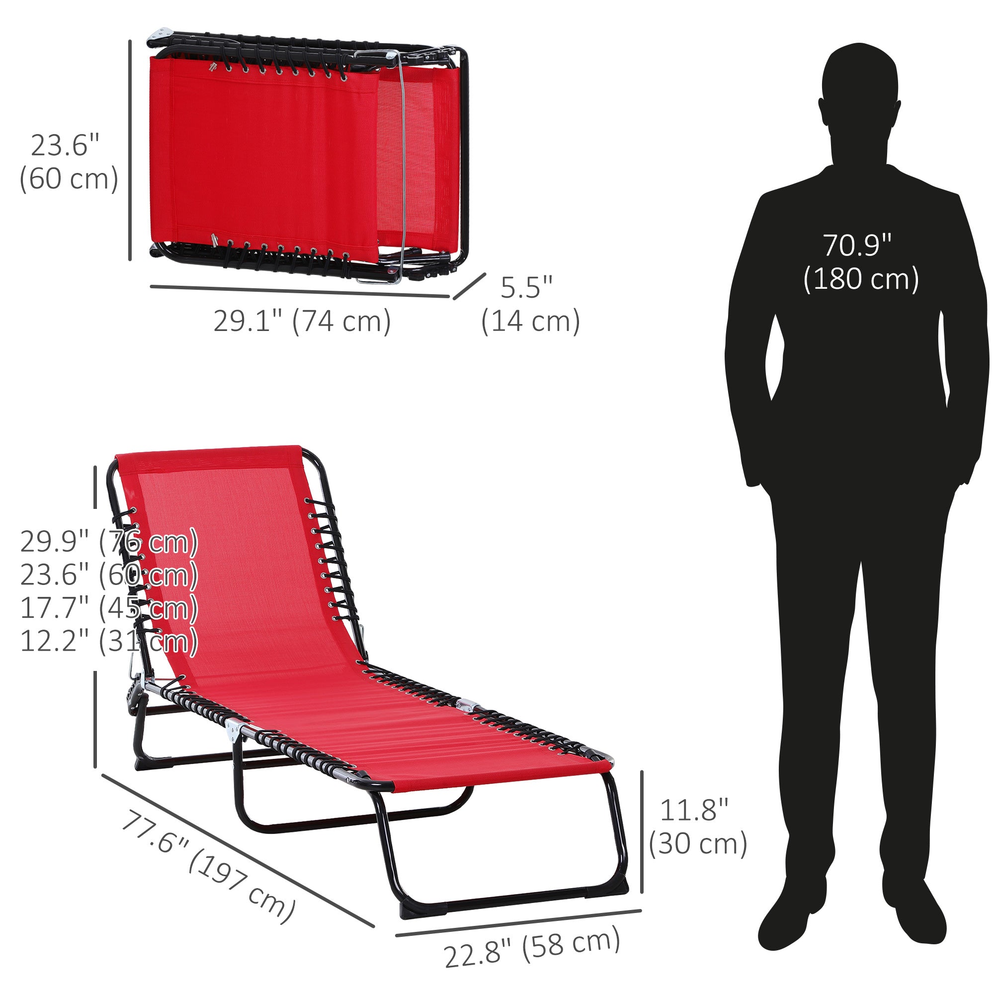 Outsunny Outdoor Folding Lounge Chair, 4-Level Adjustable Chaise Lounge with Headrest, Tanning Chair Beach Bed Reclining Lounger Cot for Camping, Hiking, Backyard, Wine Red