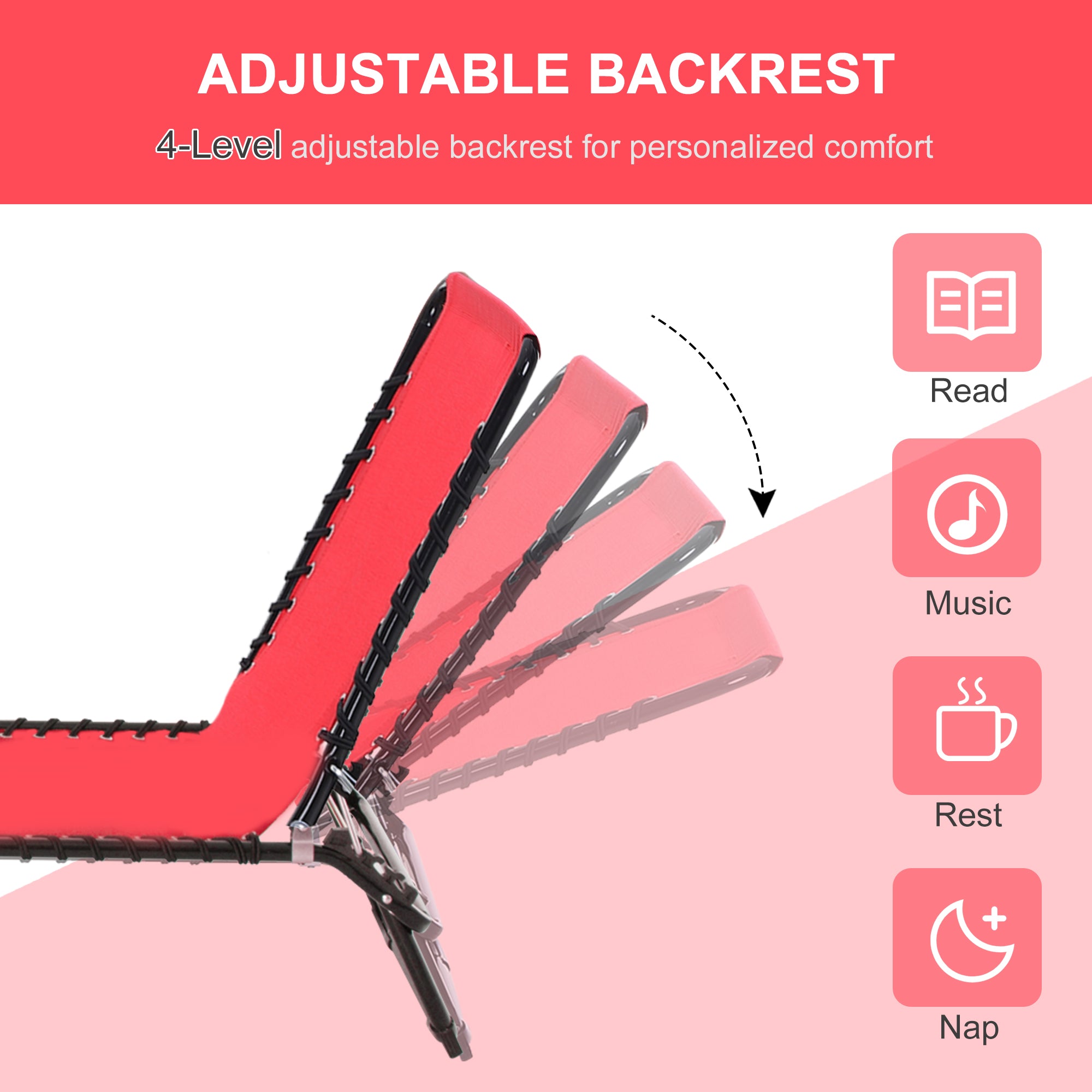 Outsunny Outdoor Folding Lounge Chair, 4-Level Adjustable Chaise Lounge with Headrest, Tanning Chair Beach Bed Reclining Lounger Cot for Camping, Hiking, Backyard, Wine Red