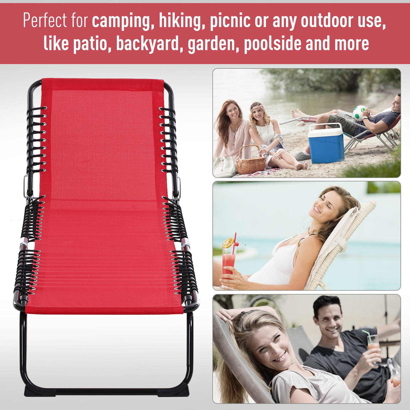 Outsunny Outdoor Folding Lounge Chair, 4-Level Adjustable Chaise Lounge with Headrest, Tanning Chair Beach Bed Reclining Lounger Cot for Camping, Hiking, Backyard, Wine Red